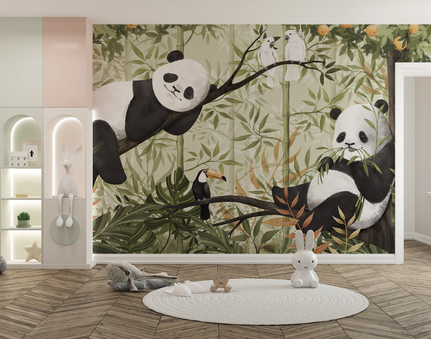 Pandas eating bamboo in tropical wallpaper
