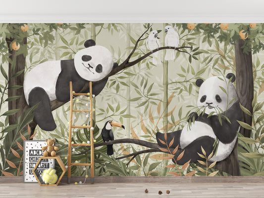 Playful pandas in a jungle-themed mural
