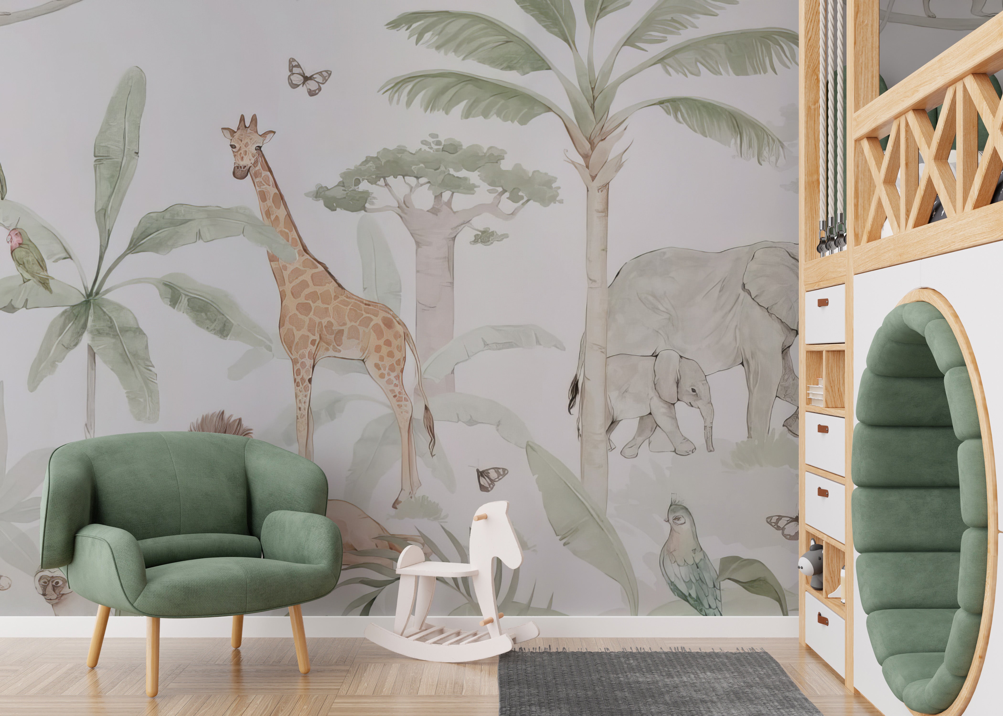 Hand-painted animal mural with lush greenery
