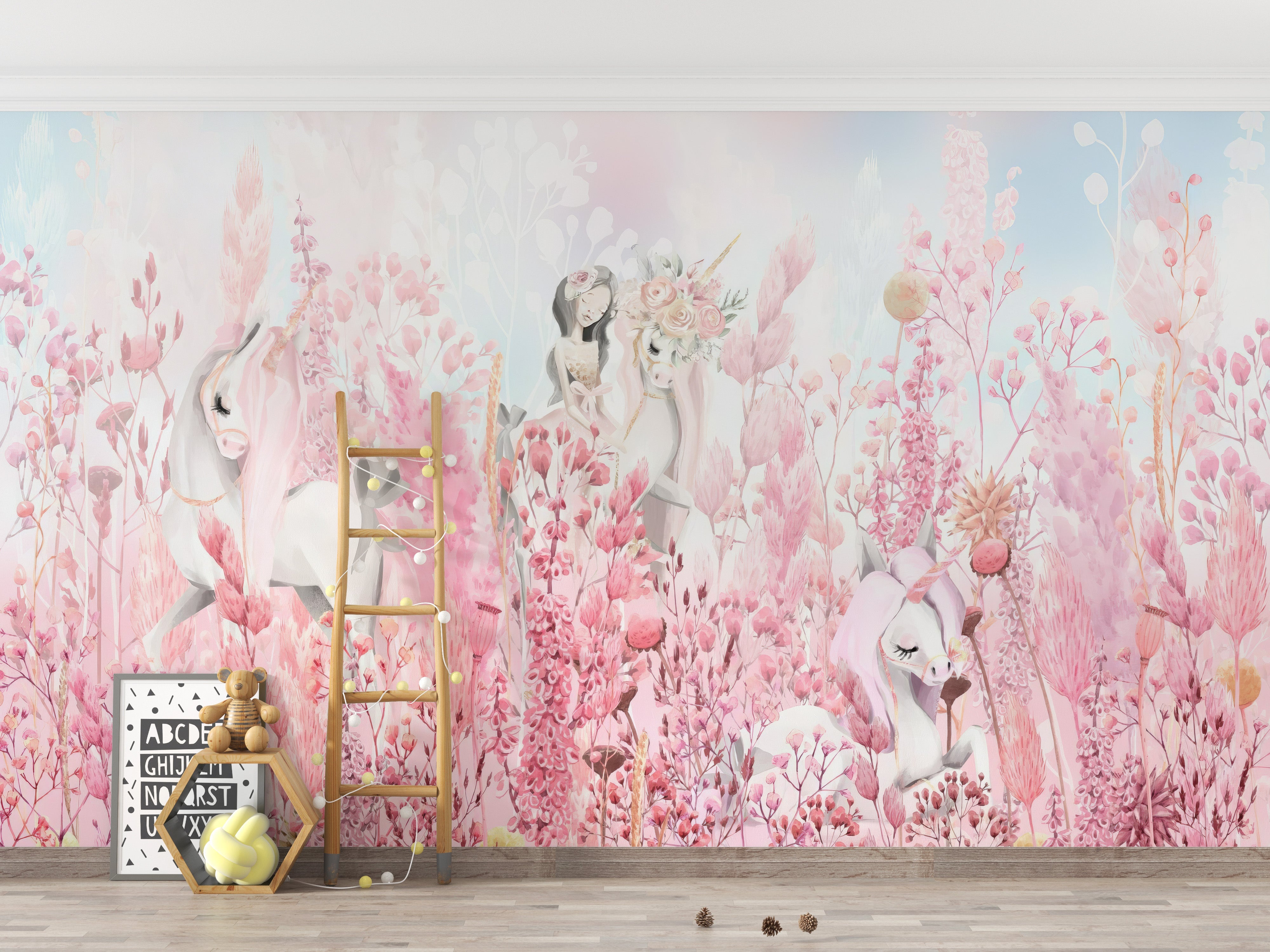 Elegant unicorn forest wallpaper scene
