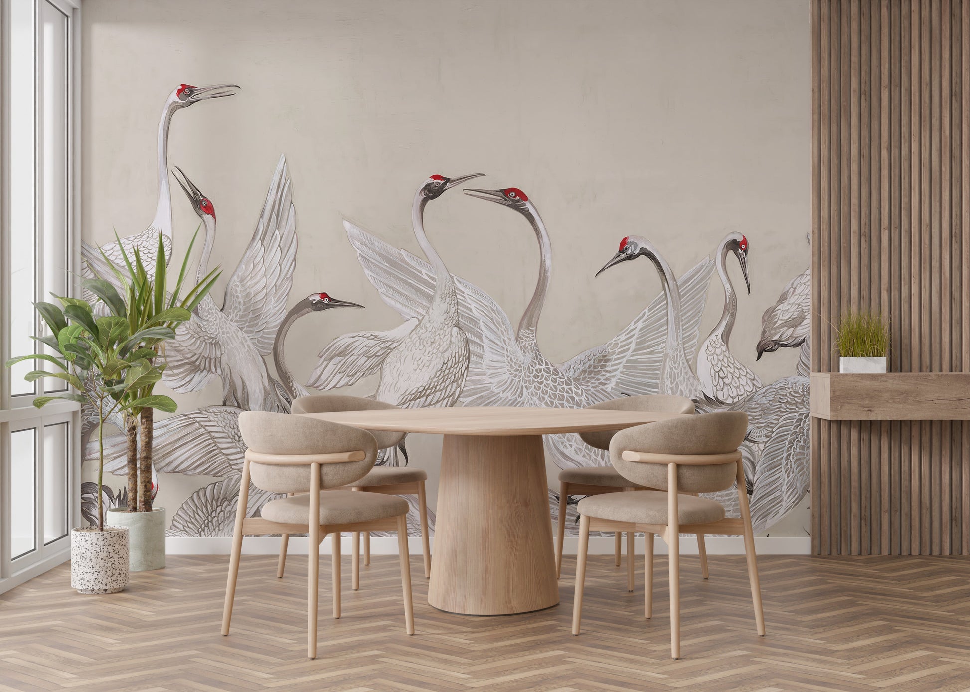 Graceful cranes in flight mural design
