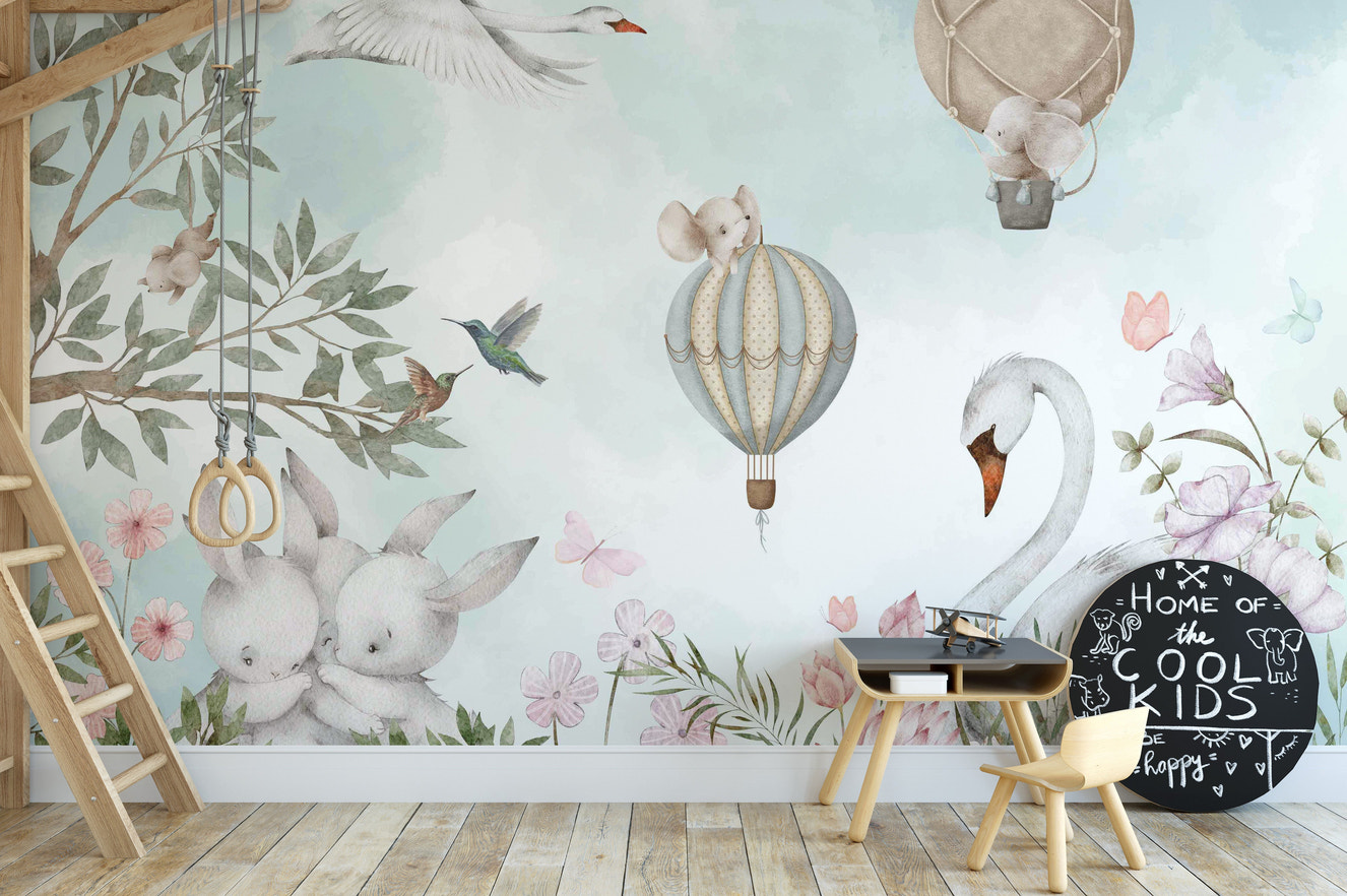 Peaceful animal and floral wallpaper mural