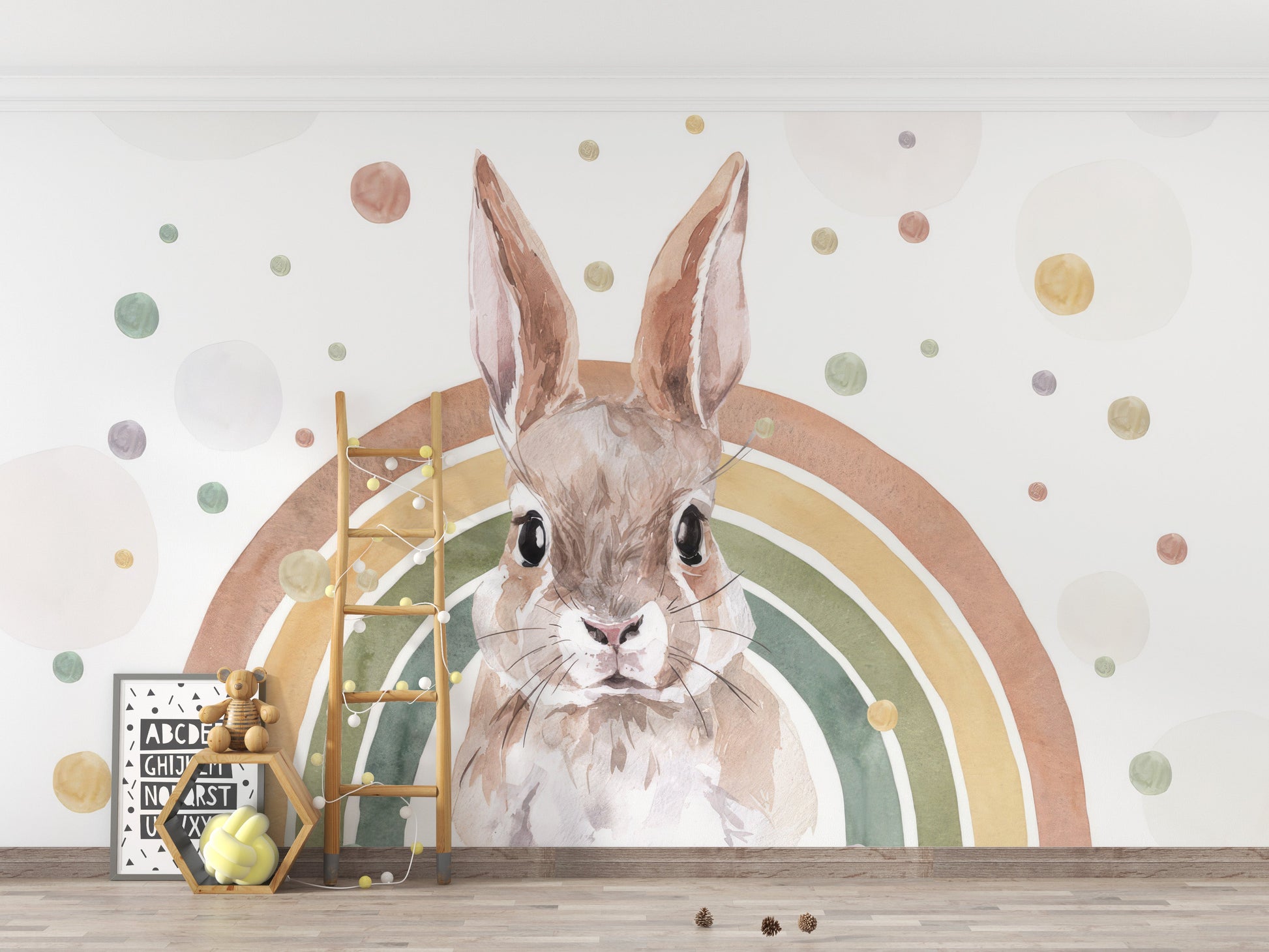 Soft watercolor bunny mural with rainbows
