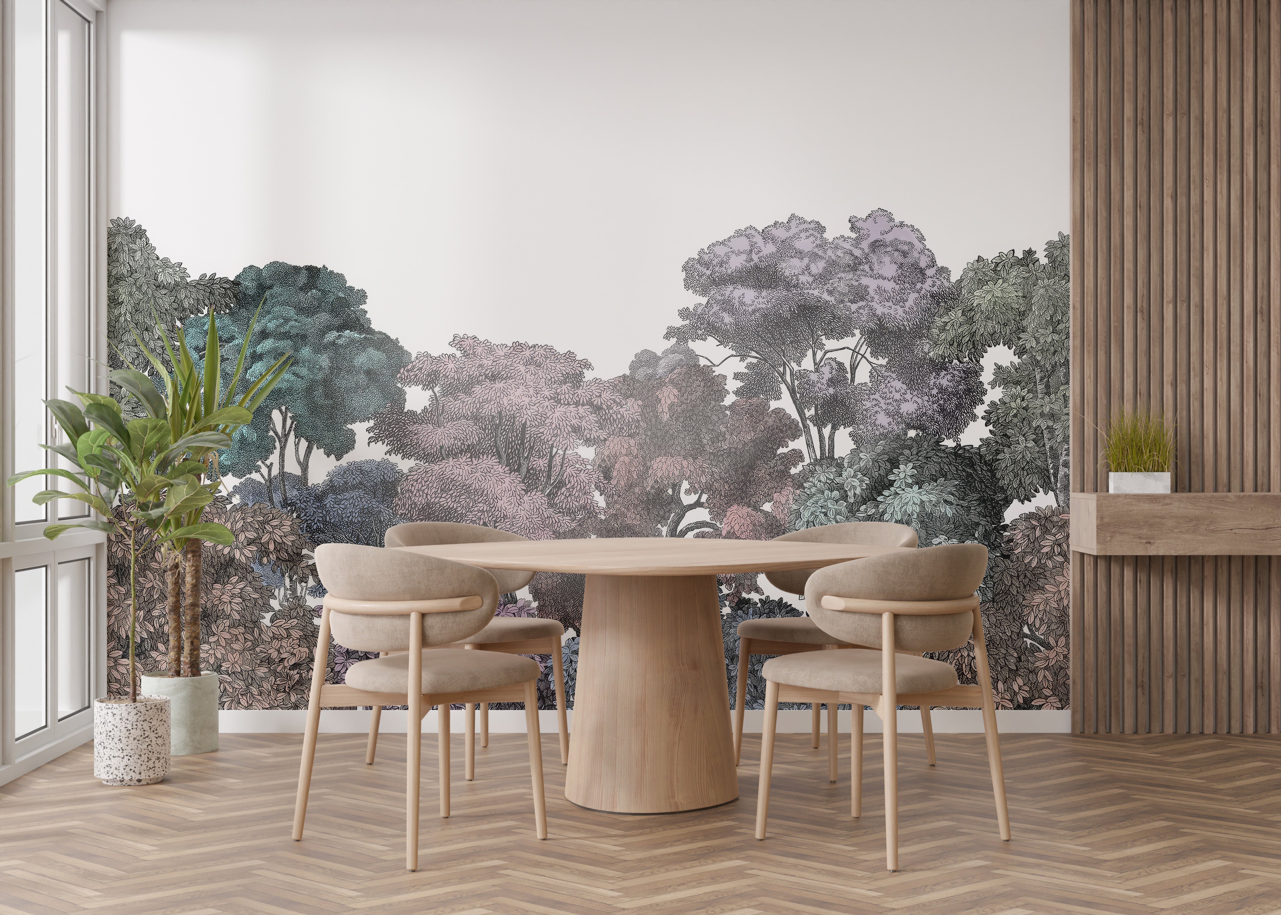 Graceful tree mural in calming tones
