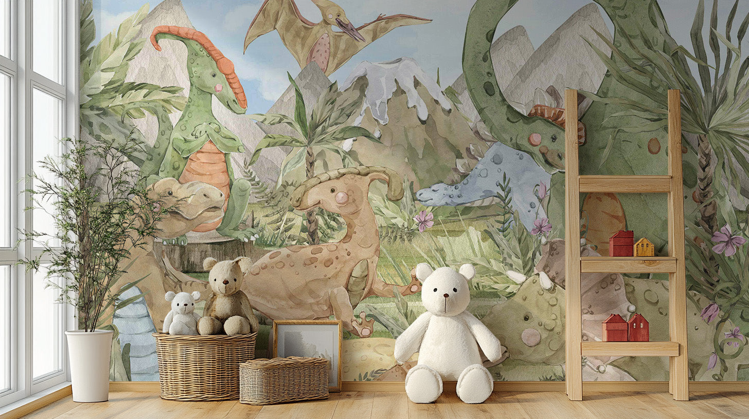 Whimsical dinosaur scene in mural art
