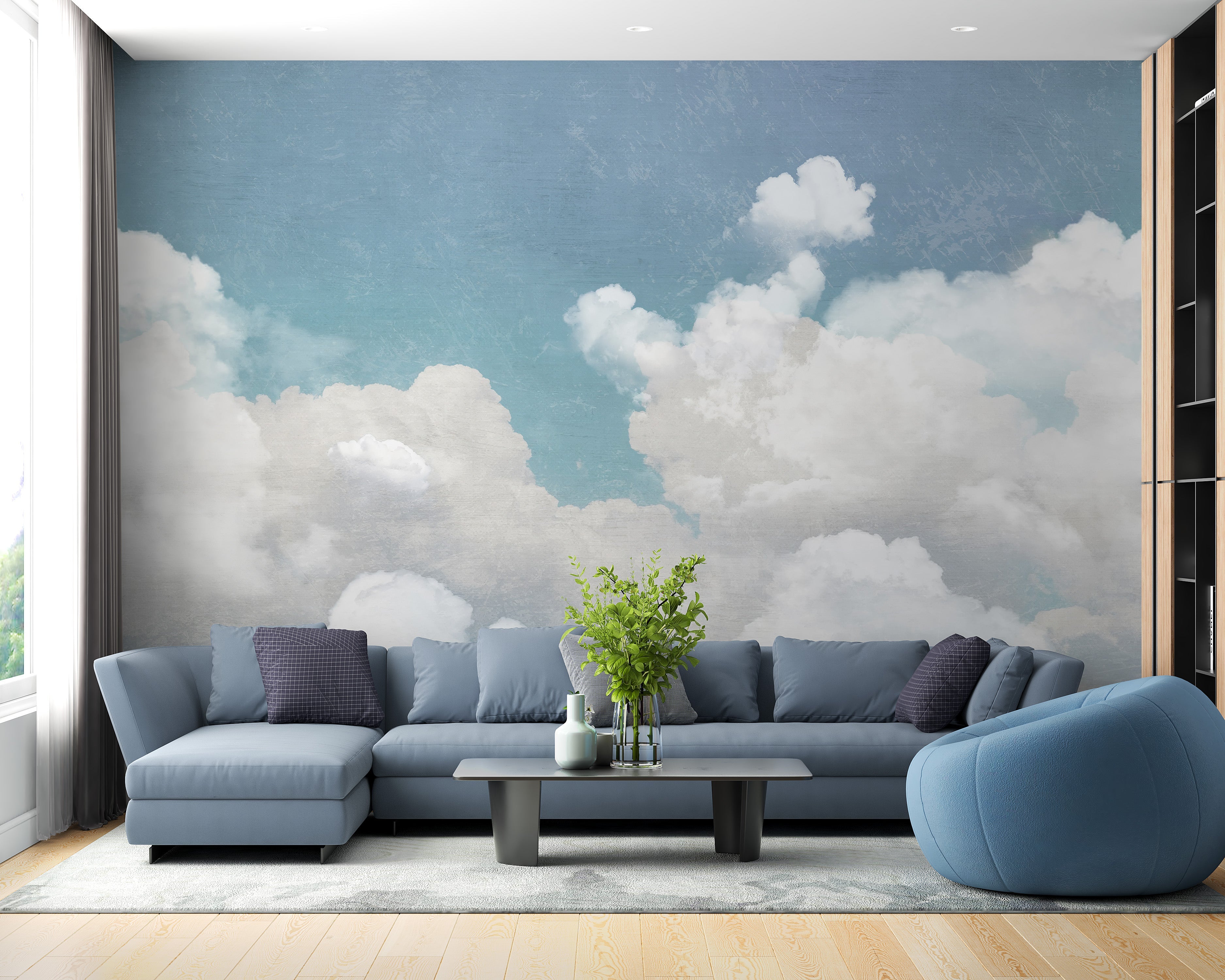 Peaceful cloud mural with sky hues
