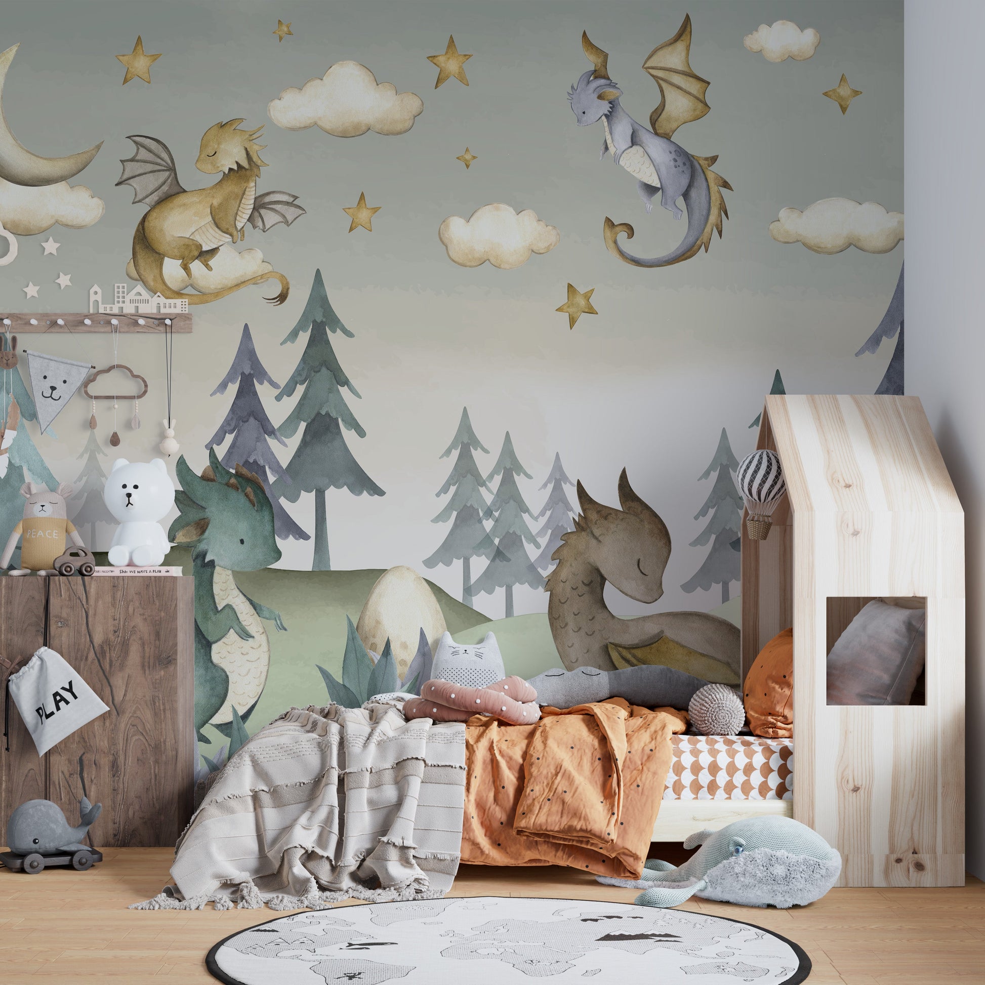 Dragon-themed mural with soft colors
