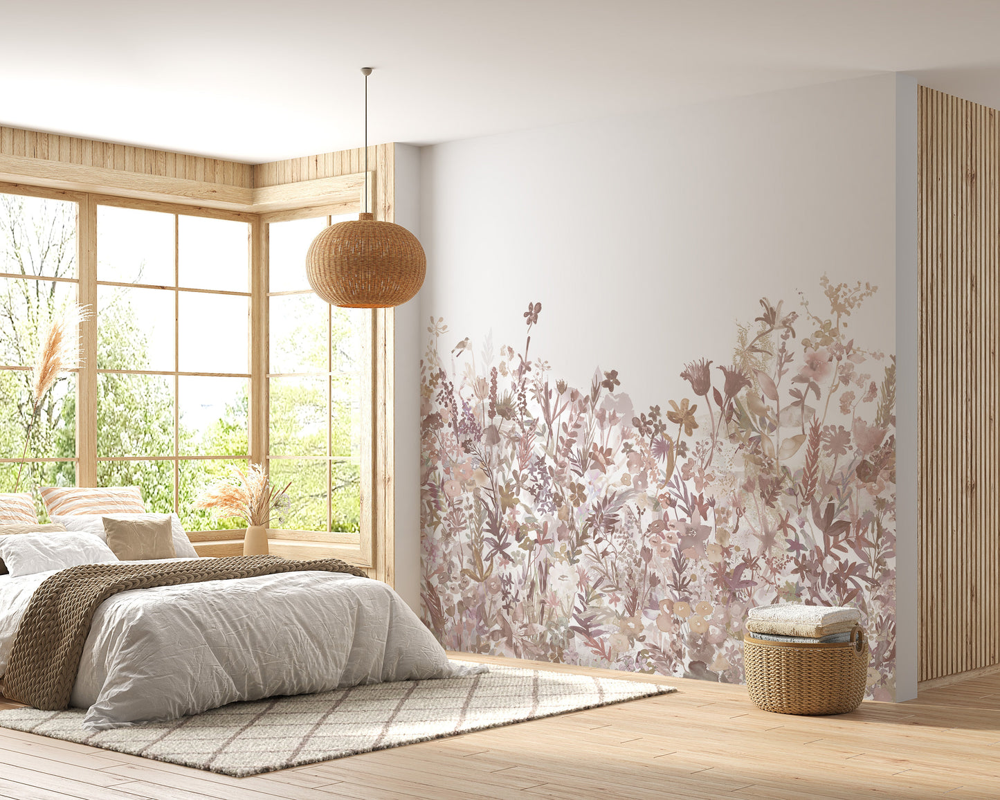 Floral wallpaper mural with pink flowers