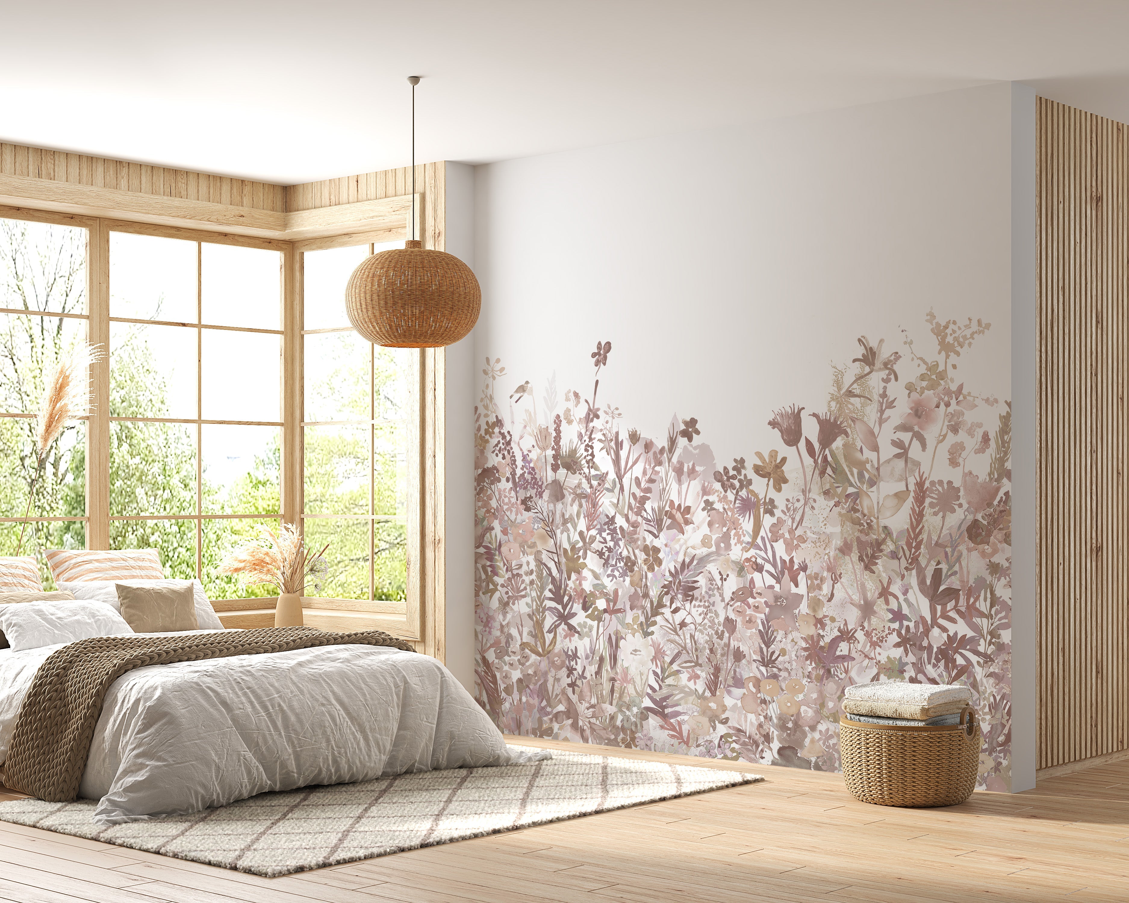 Floral wallpaper mural with pink flowers