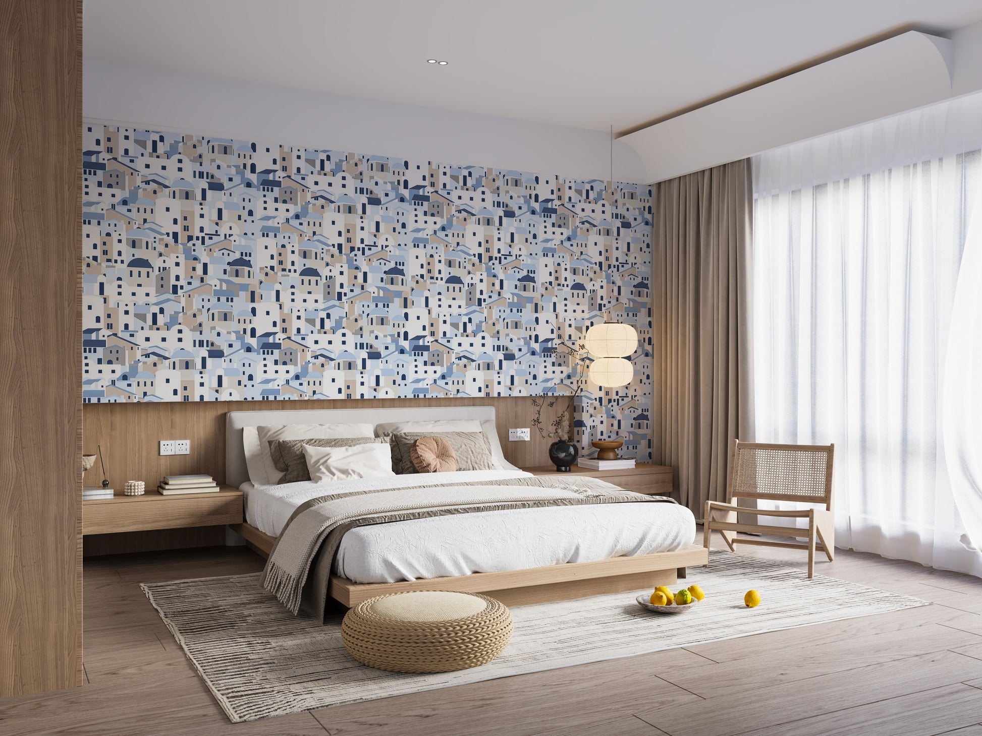 Modern repeat pattern wallpaper with Santorini theme