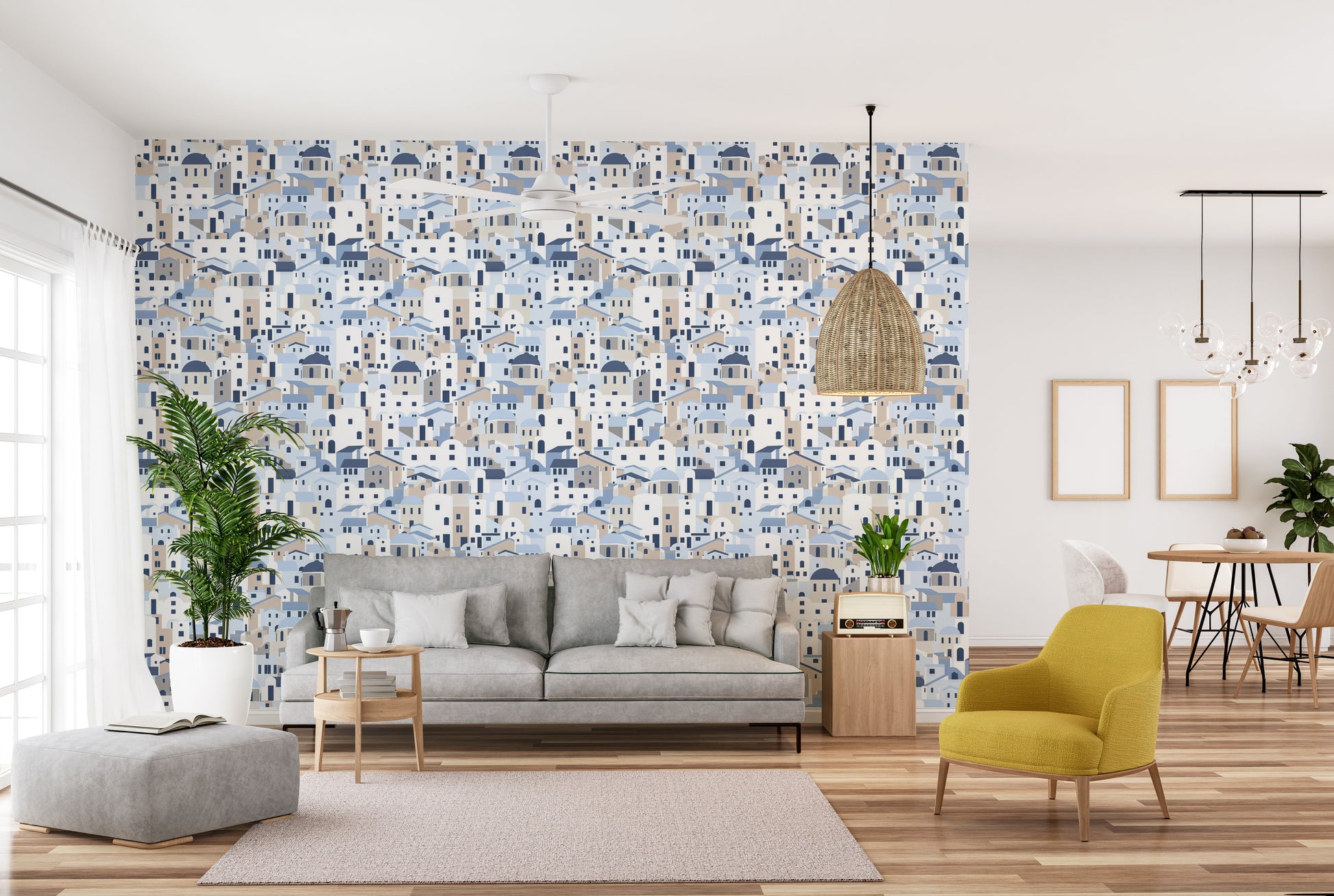 Santorini-inspired repeat pattern wallpaper design