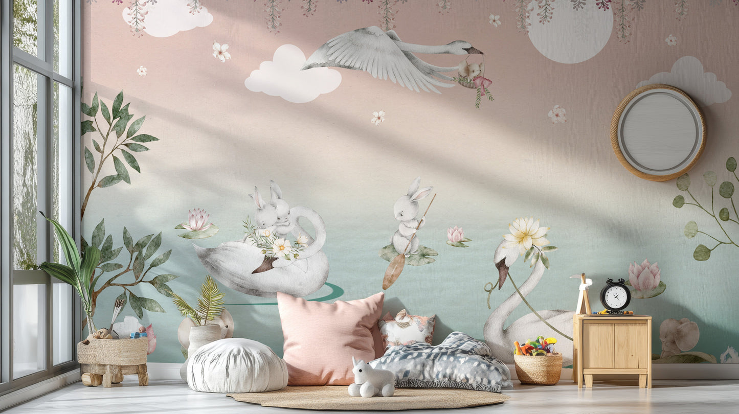 Kids room wallpaper with Swan Lake design