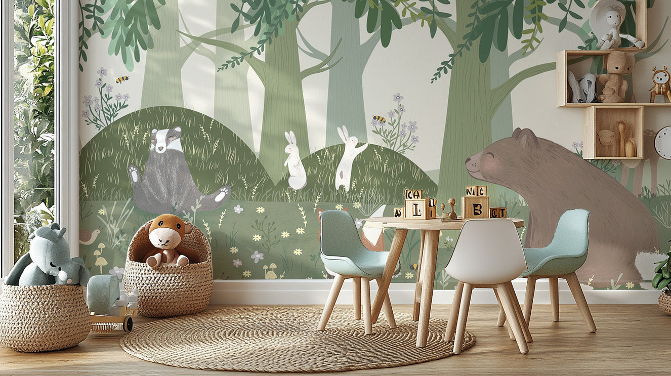 Forest wildlife wallpaper featuring rabbits and bear mural.