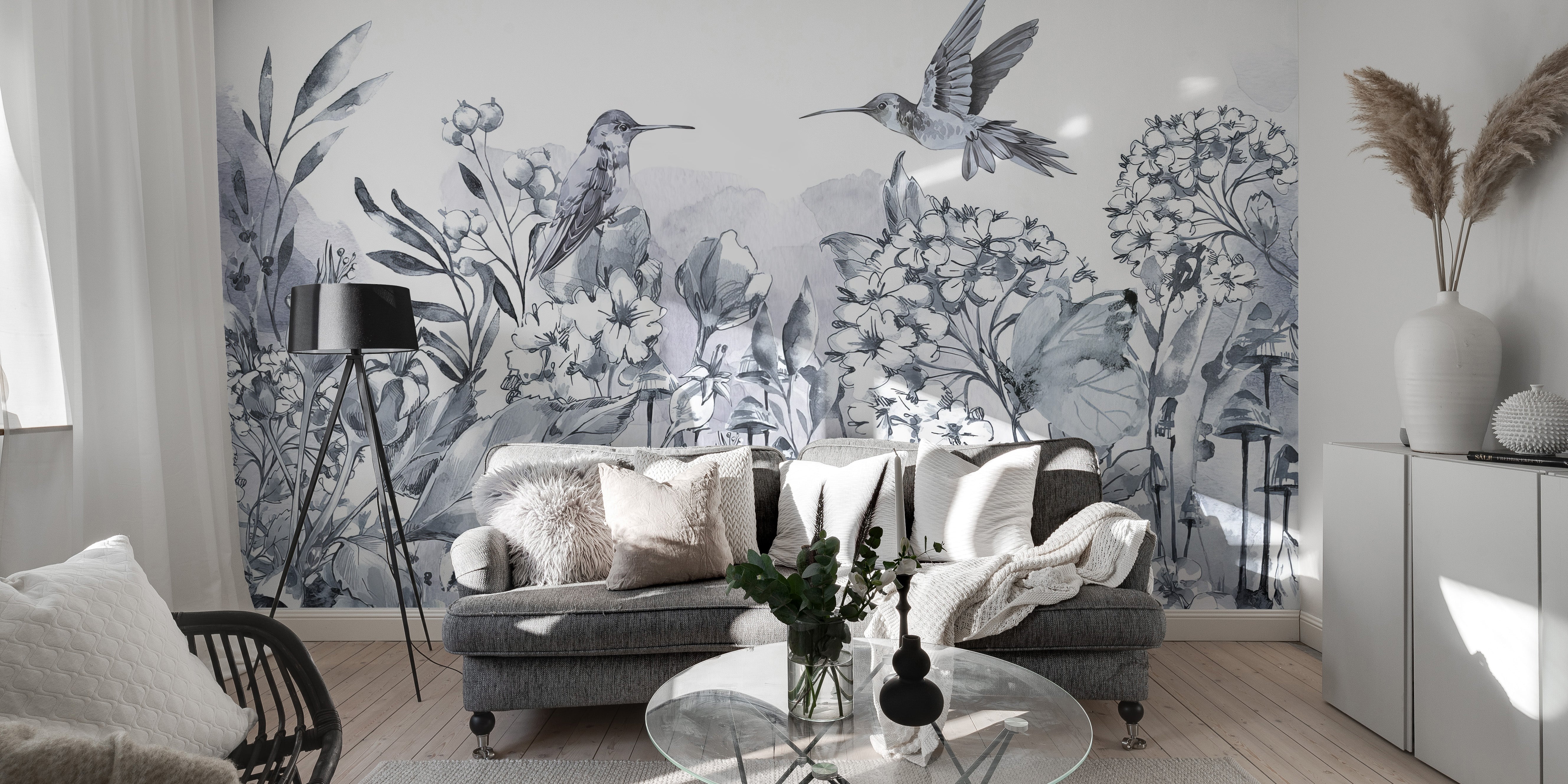 Hummingbird and floral garden wallpaper mural