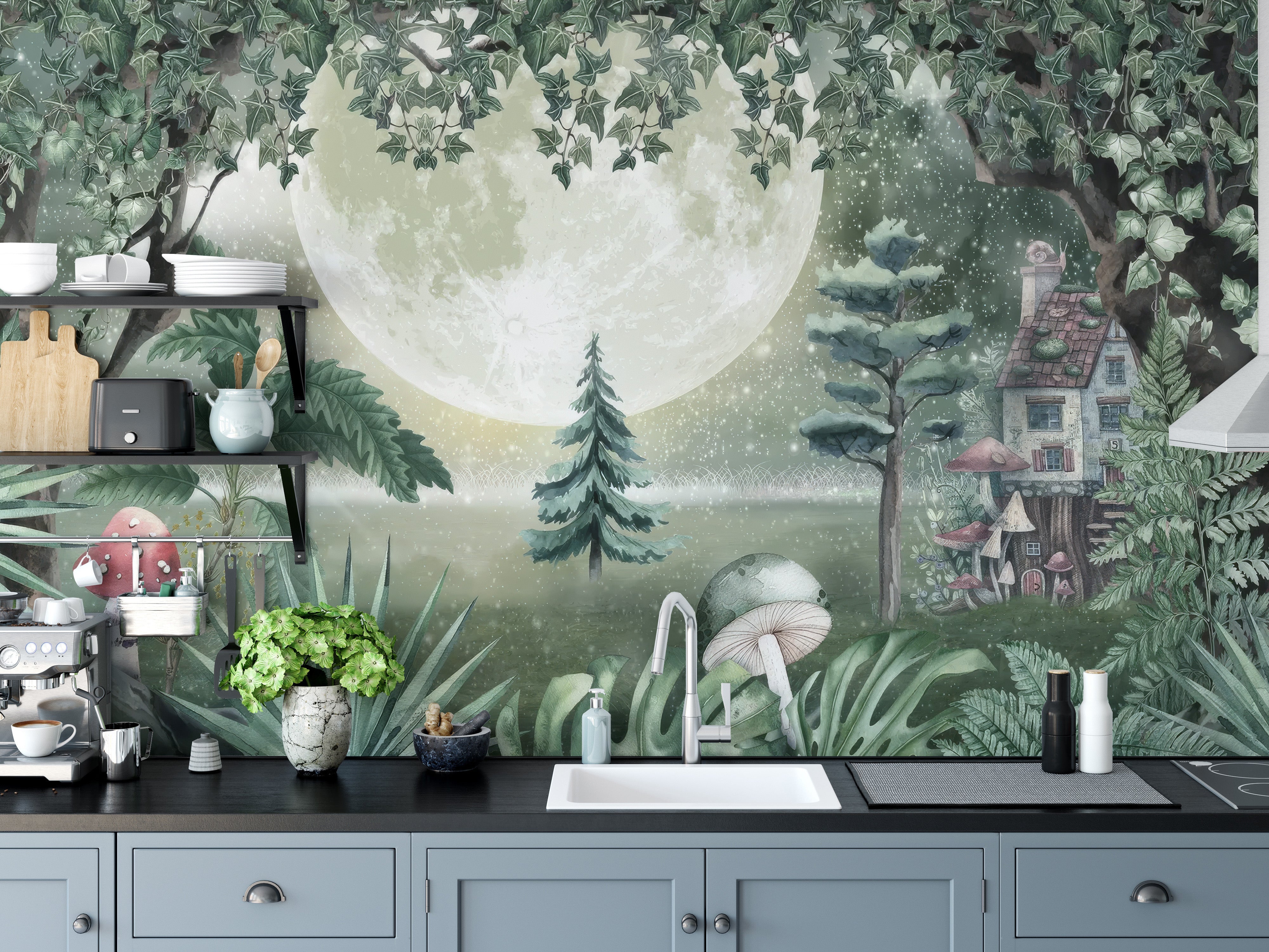 Mystic forest wallpaper with ivy vines and glowing moon.