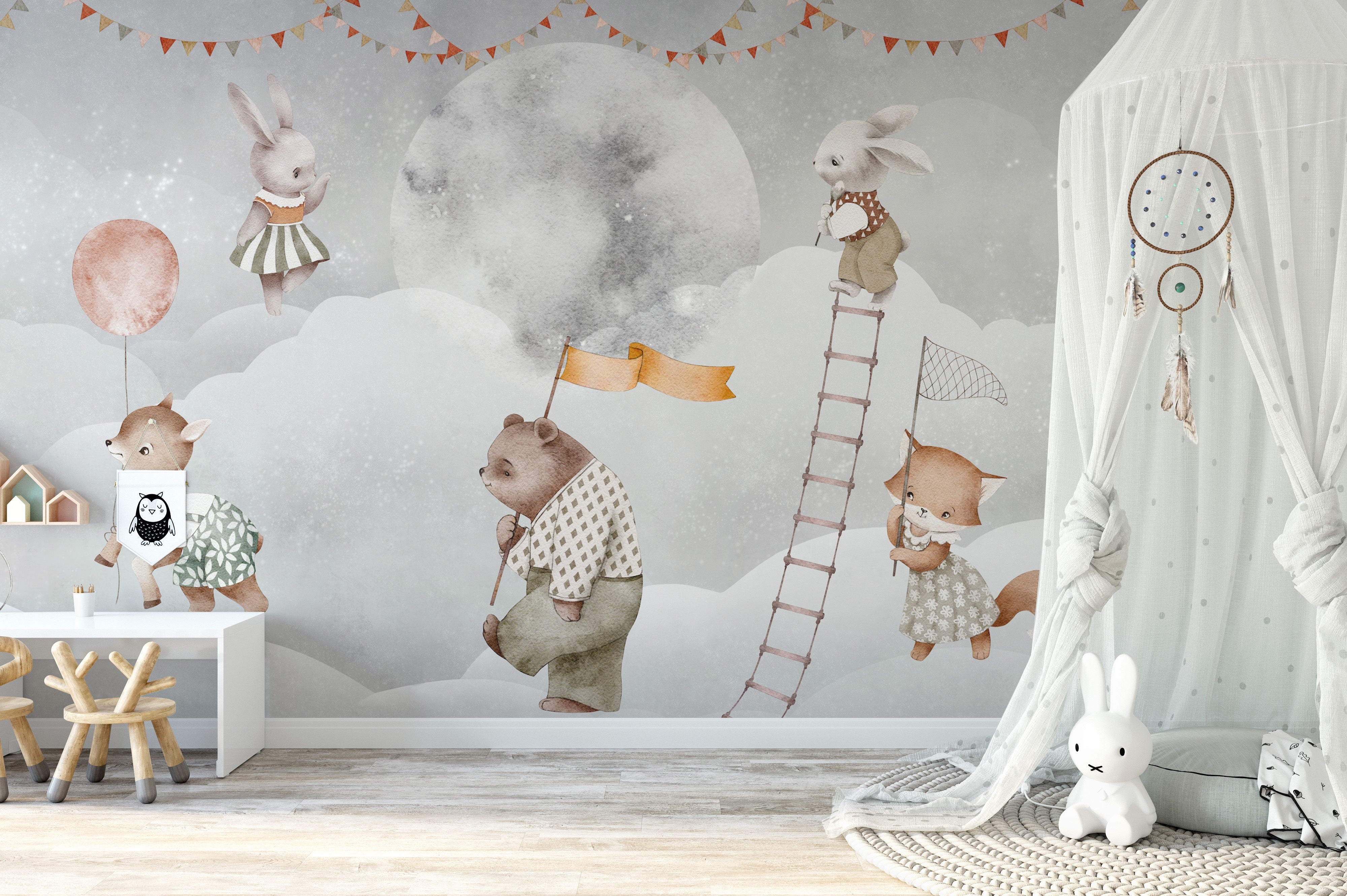 Hand-drawn animal celestial wallpaper for kids room