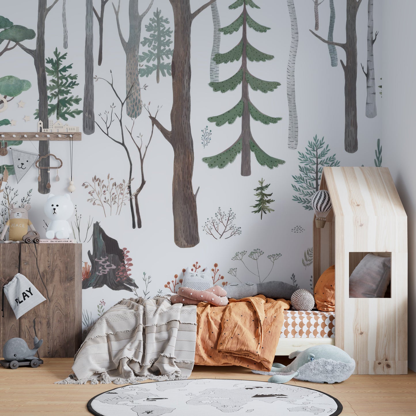 Whimsical forest wallpaper with trees
