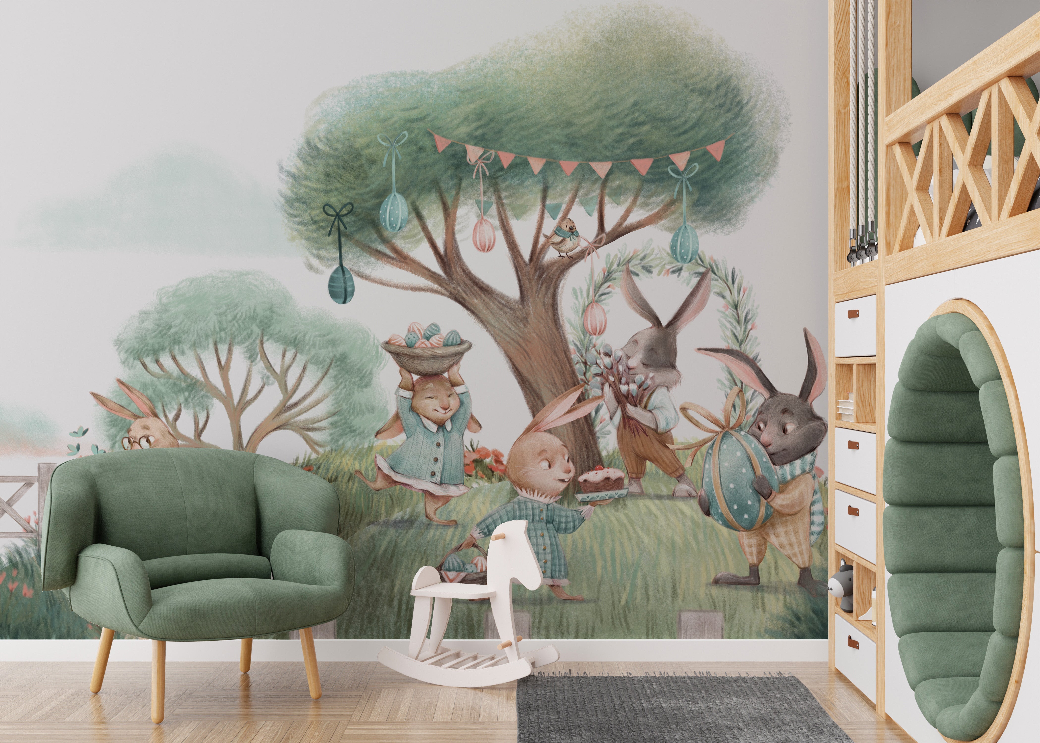 Soft pastel Tree House Kids Wallpaper with spring vibes