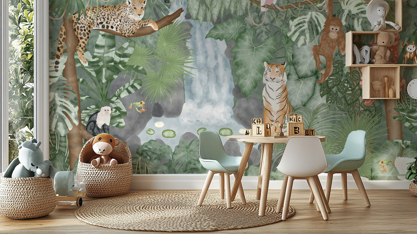 Exotic animals and plants in rainforest wallpaper