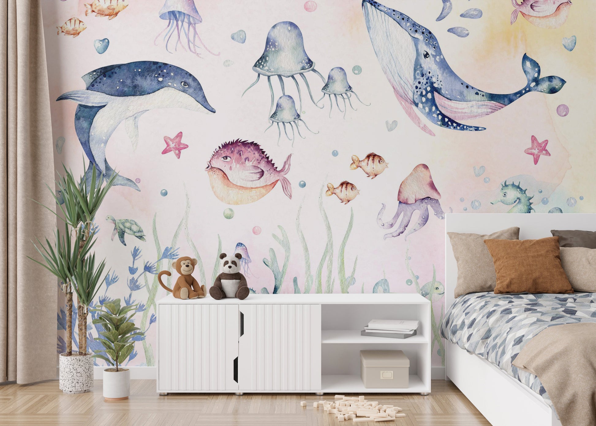 Gentle whale wallpaper for kids’ decor