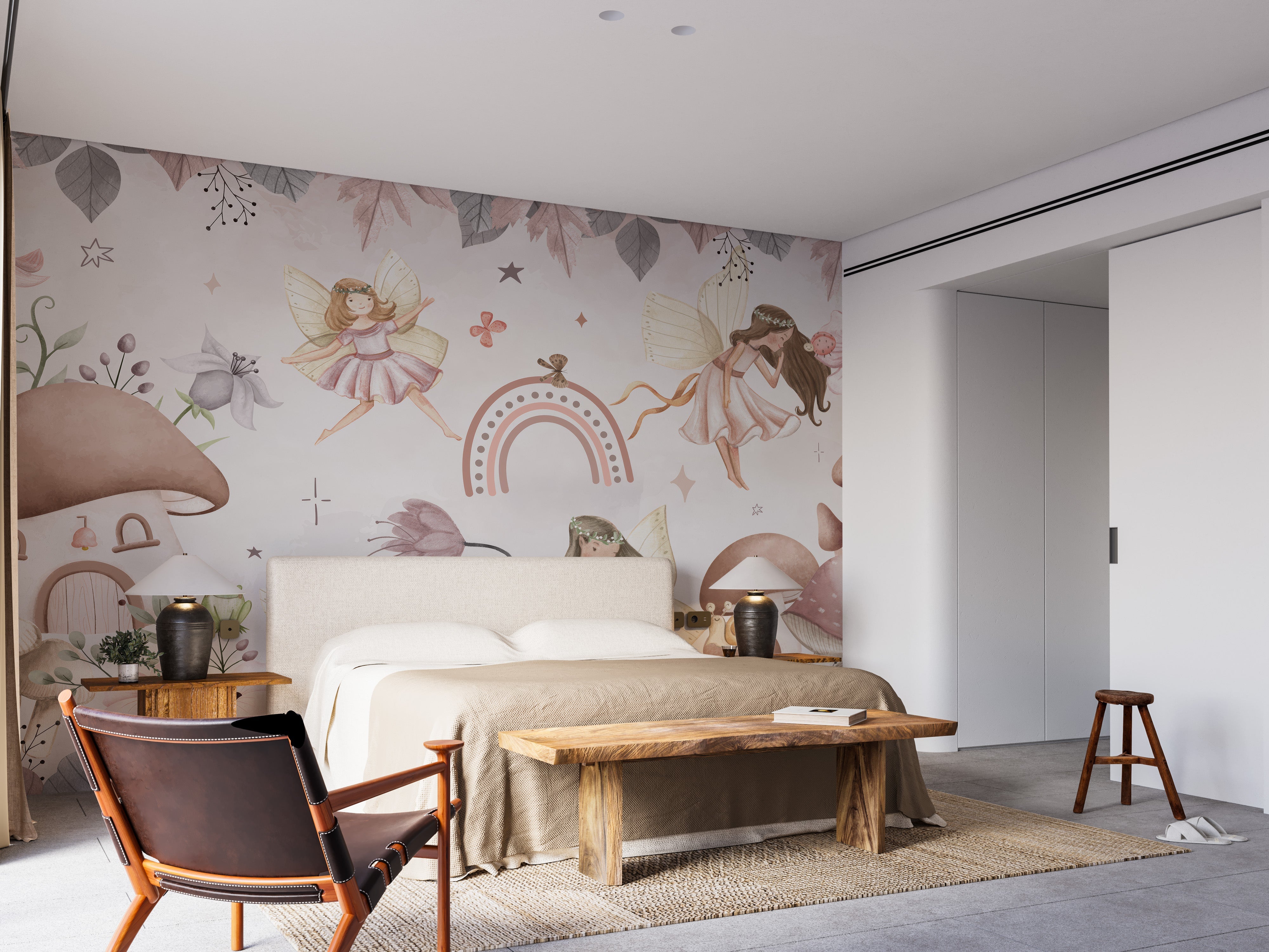 Dreamy forest wall mural featuring playful fairies