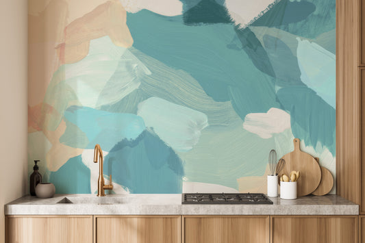 Abstract wallpaper with blue brushstroke art for walls.