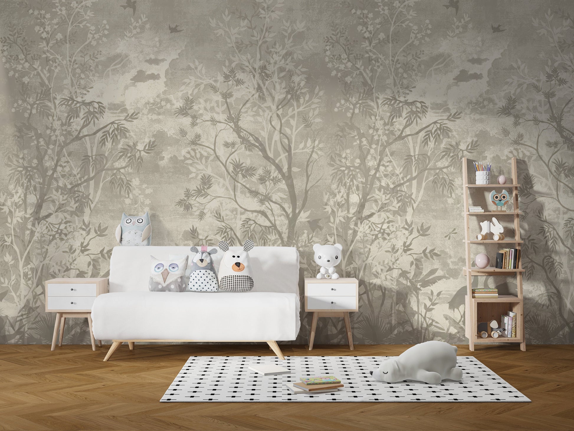 Elegant moonlit aves mural with soft tones