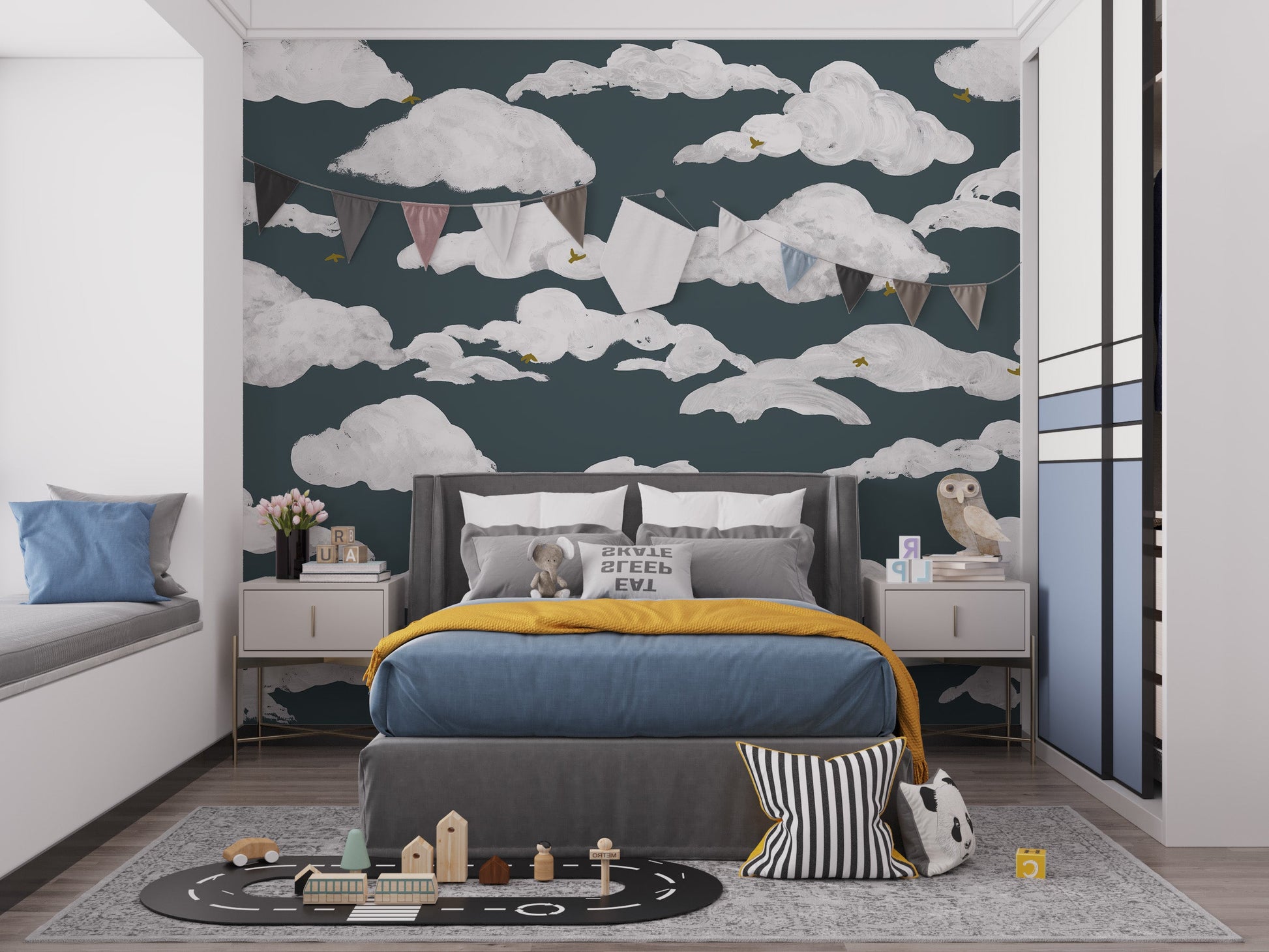 Blue White Clouds Wall Mural - Giffywalls