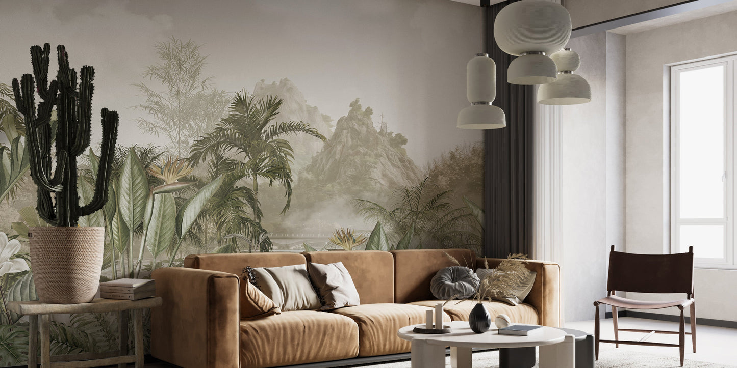 Elegant jungle panorama wallpaper for inviting living room walls.