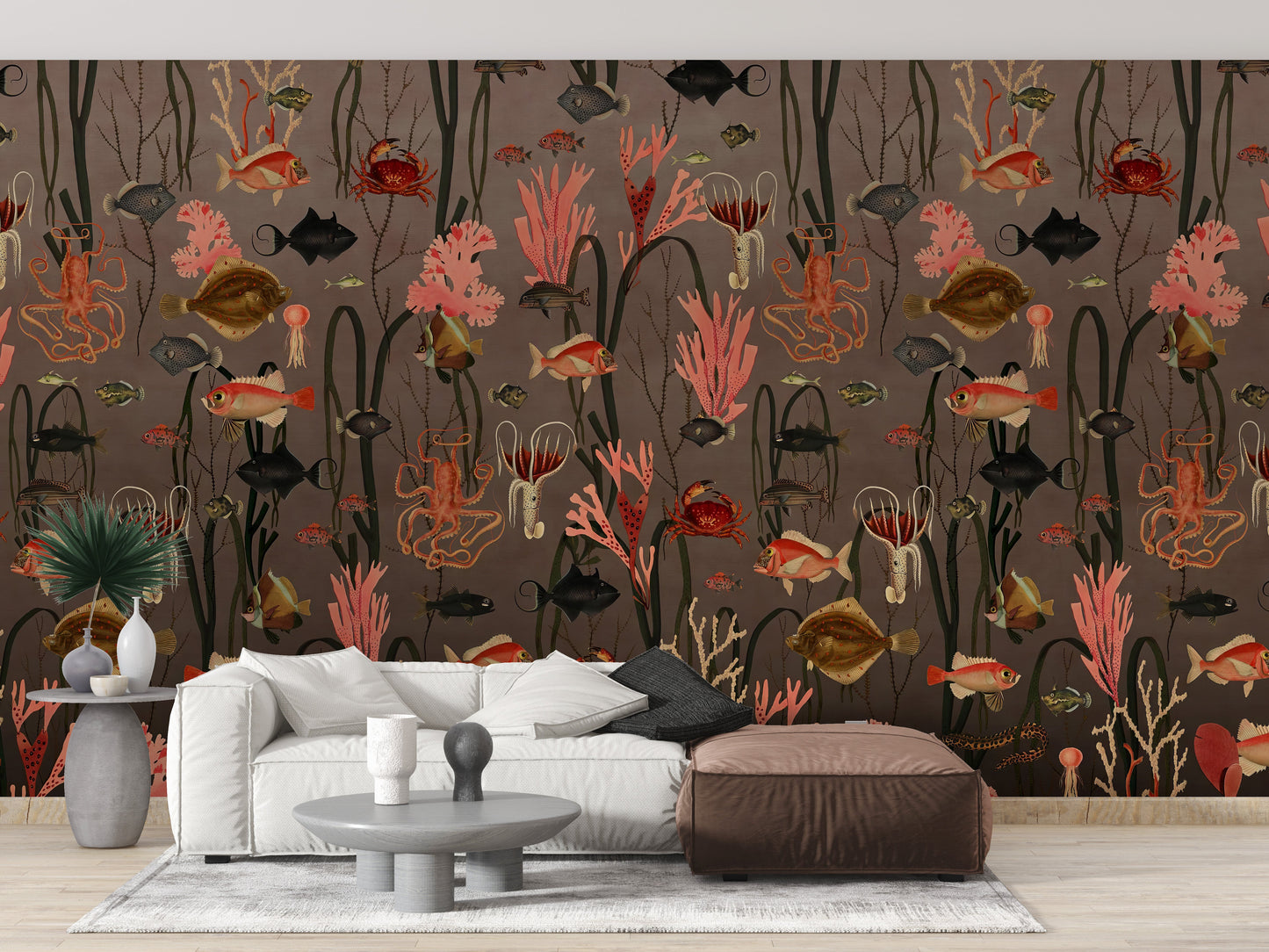 Ocean reef wallpaper with coral and exotic sea animals.