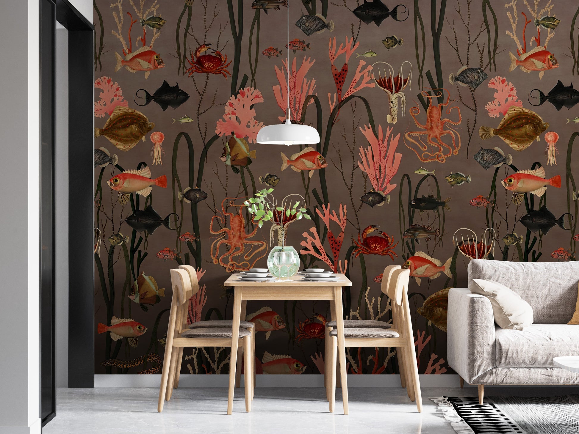 Sea creatures wallpaper with corals and exotic fish.