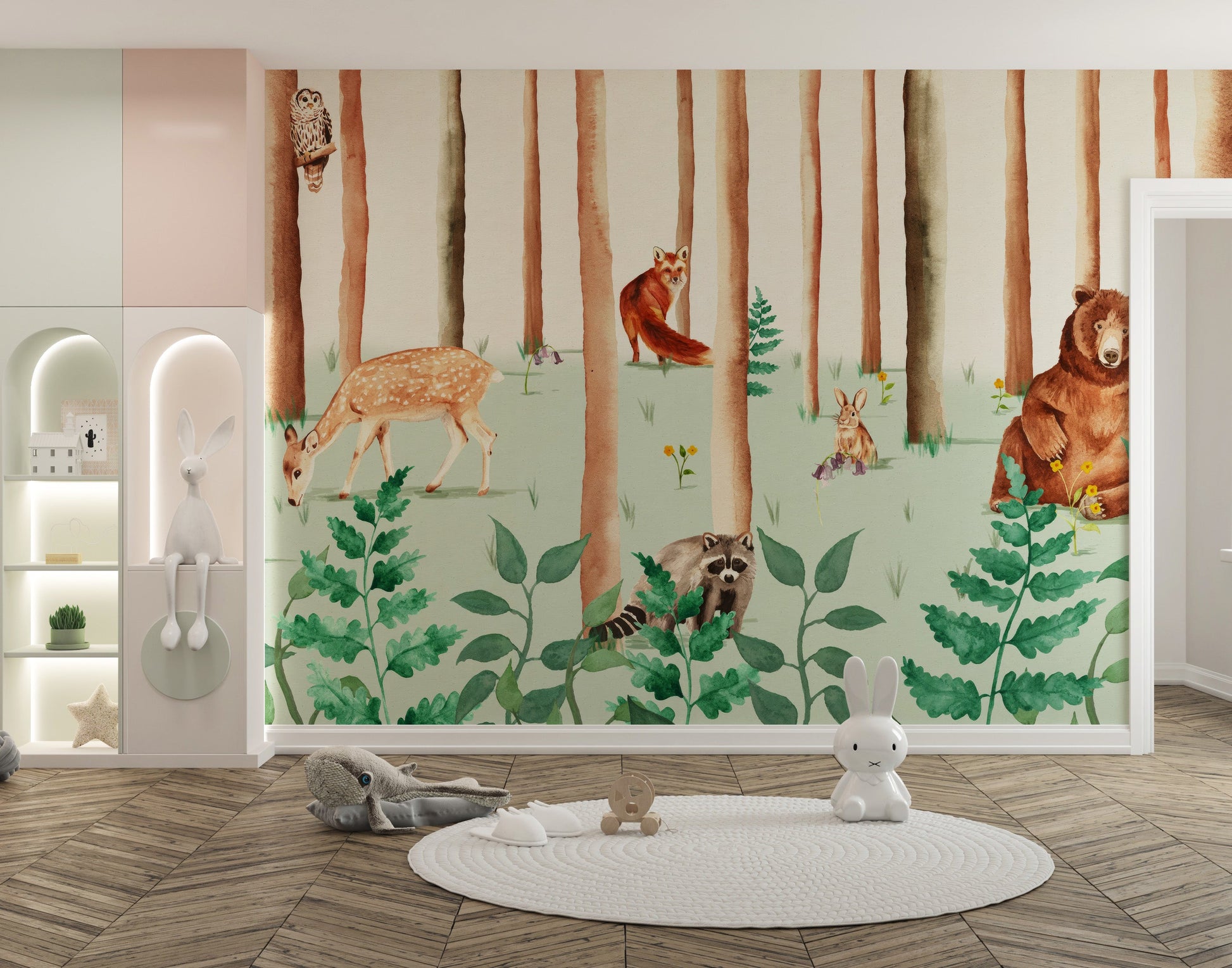 Playful wildlife-themed wallpaper mural for kids' play area.