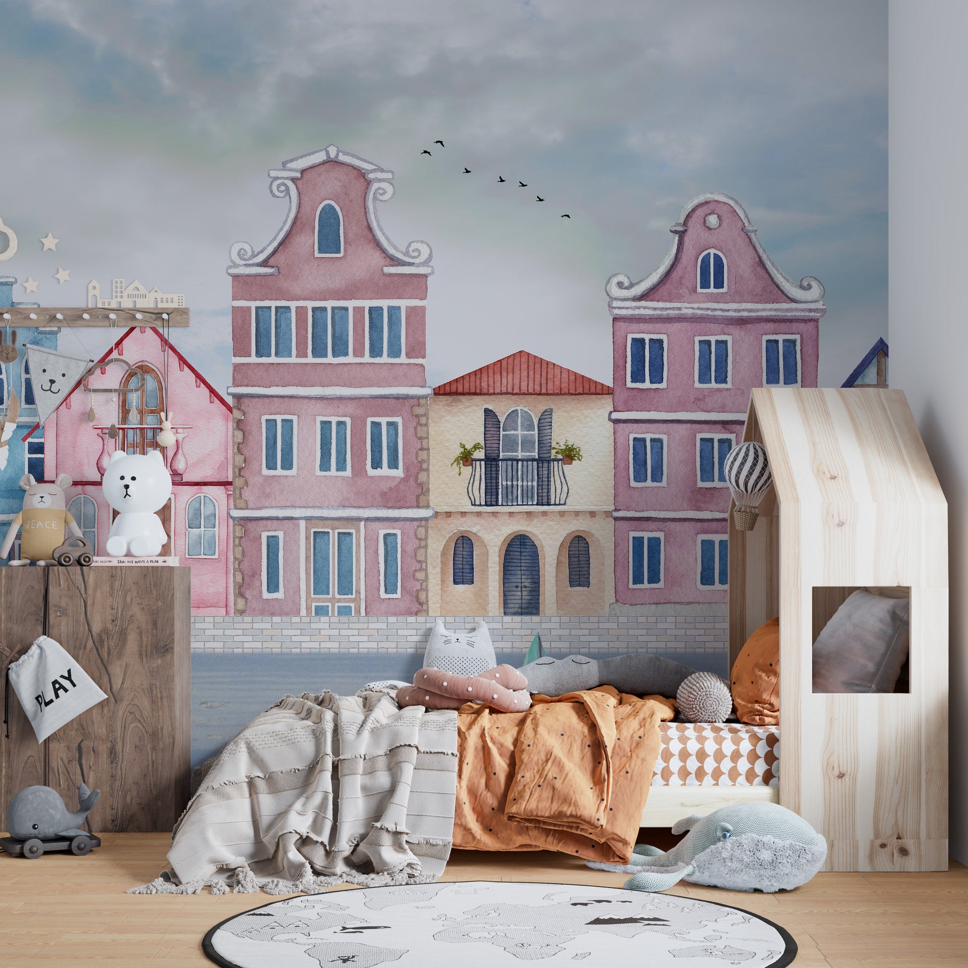 Charming seaside town wallpaper with artistic details