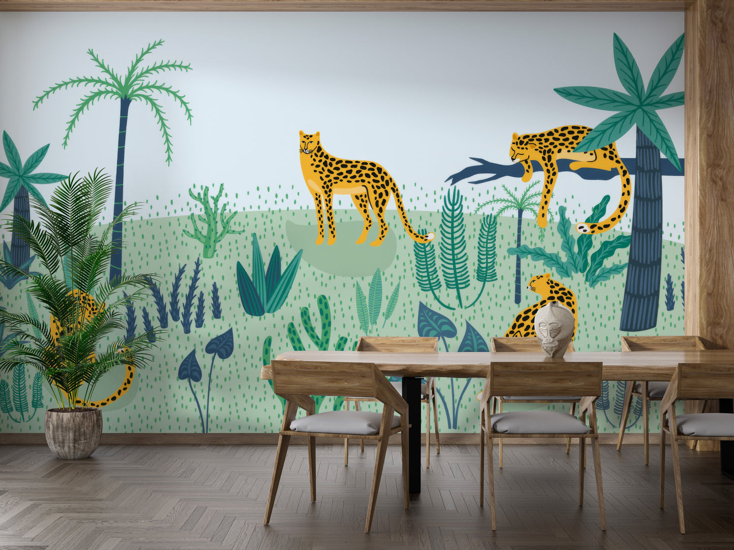 Vibrant jungle wall mural with leopard motifs