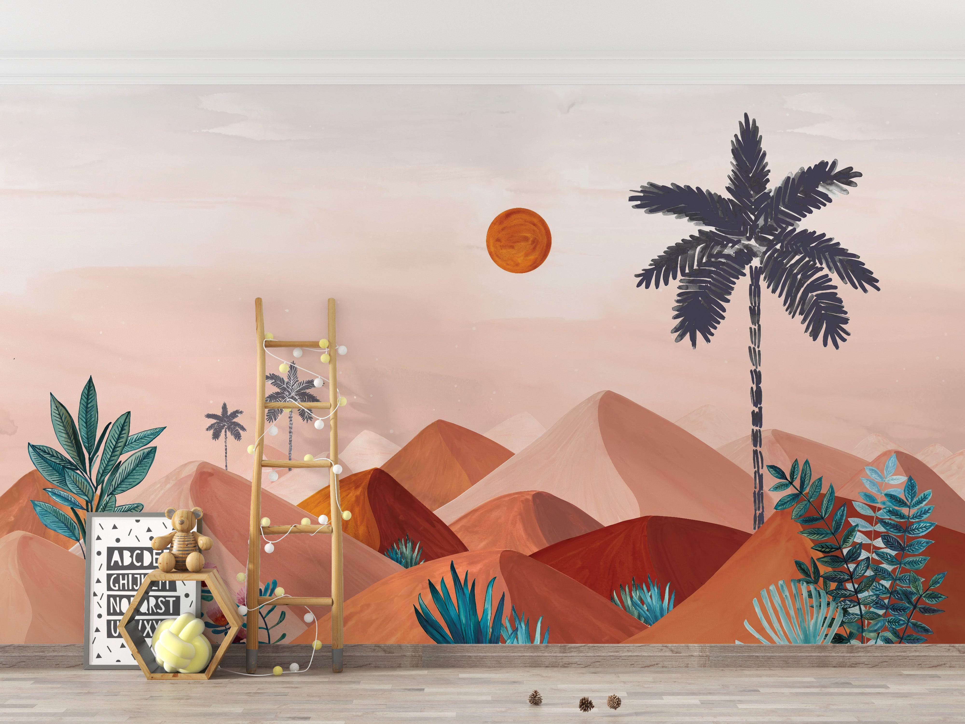 Vibrant desert and tropical mural wallpaper