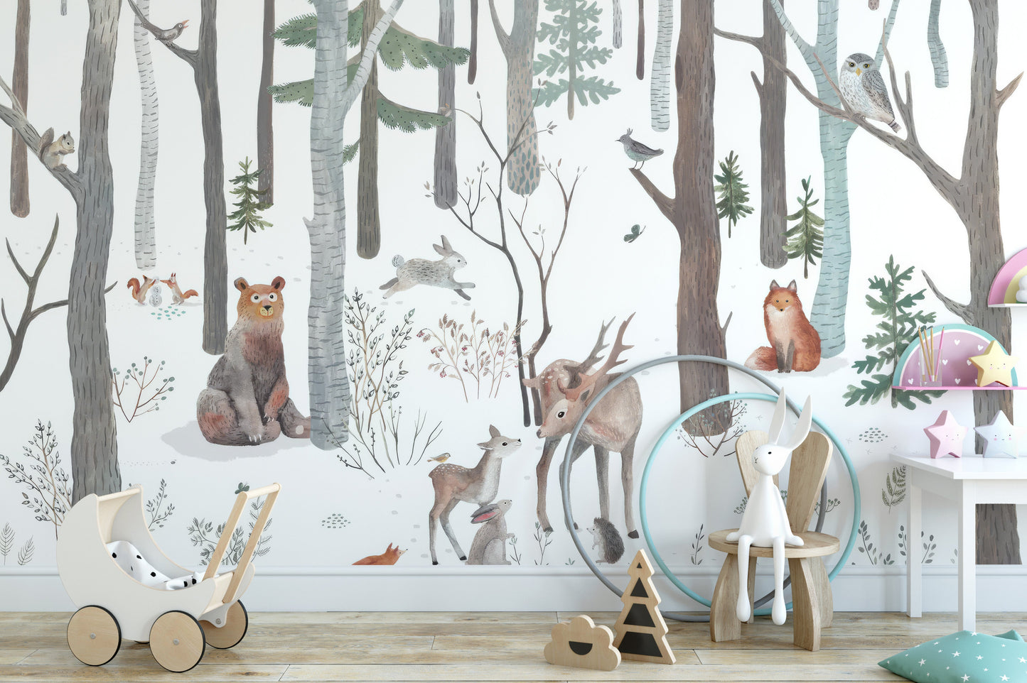 Neutral forest wallpaper with subtle wildlife illustrations