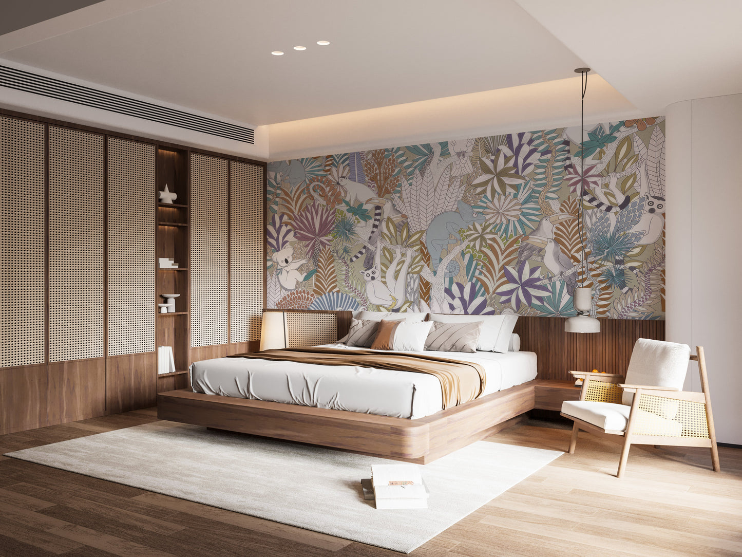 Elegant jungle-themed mural wallpaper with pastel tones.