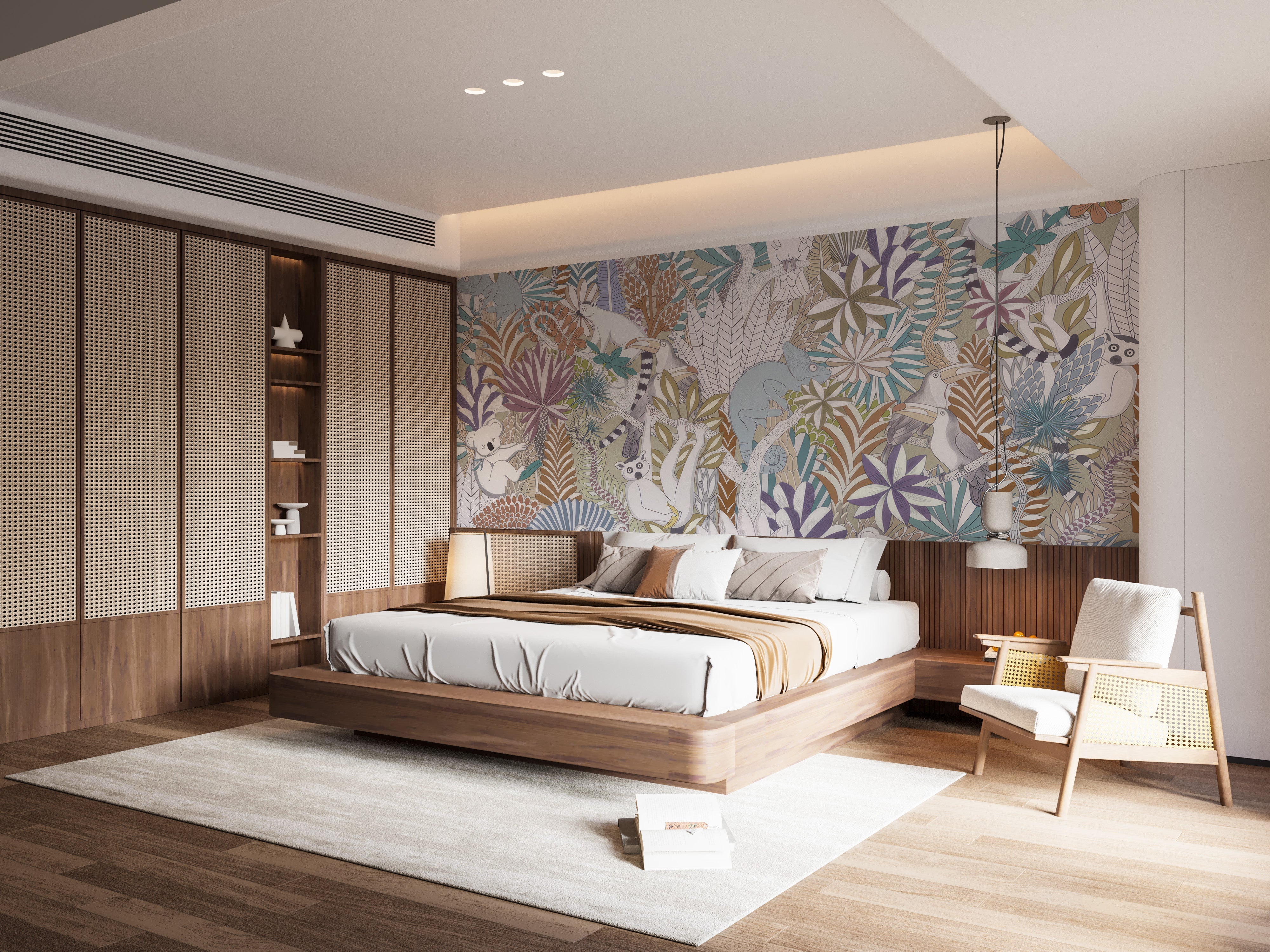 Elegant jungle-themed mural wallpaper with pastel tones.