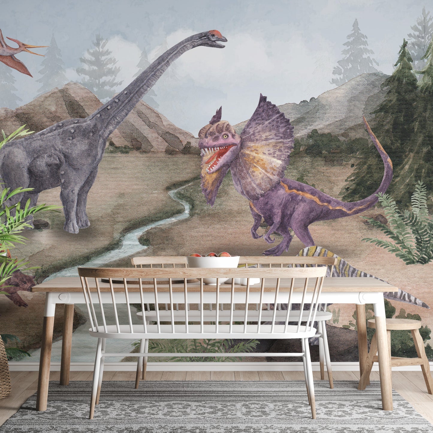 Kids' room wallpaper with colorful dinosaurs and trees.