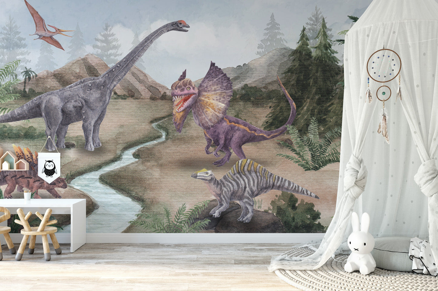 Dinosaur and forest wallpaper for playful and educational decor.