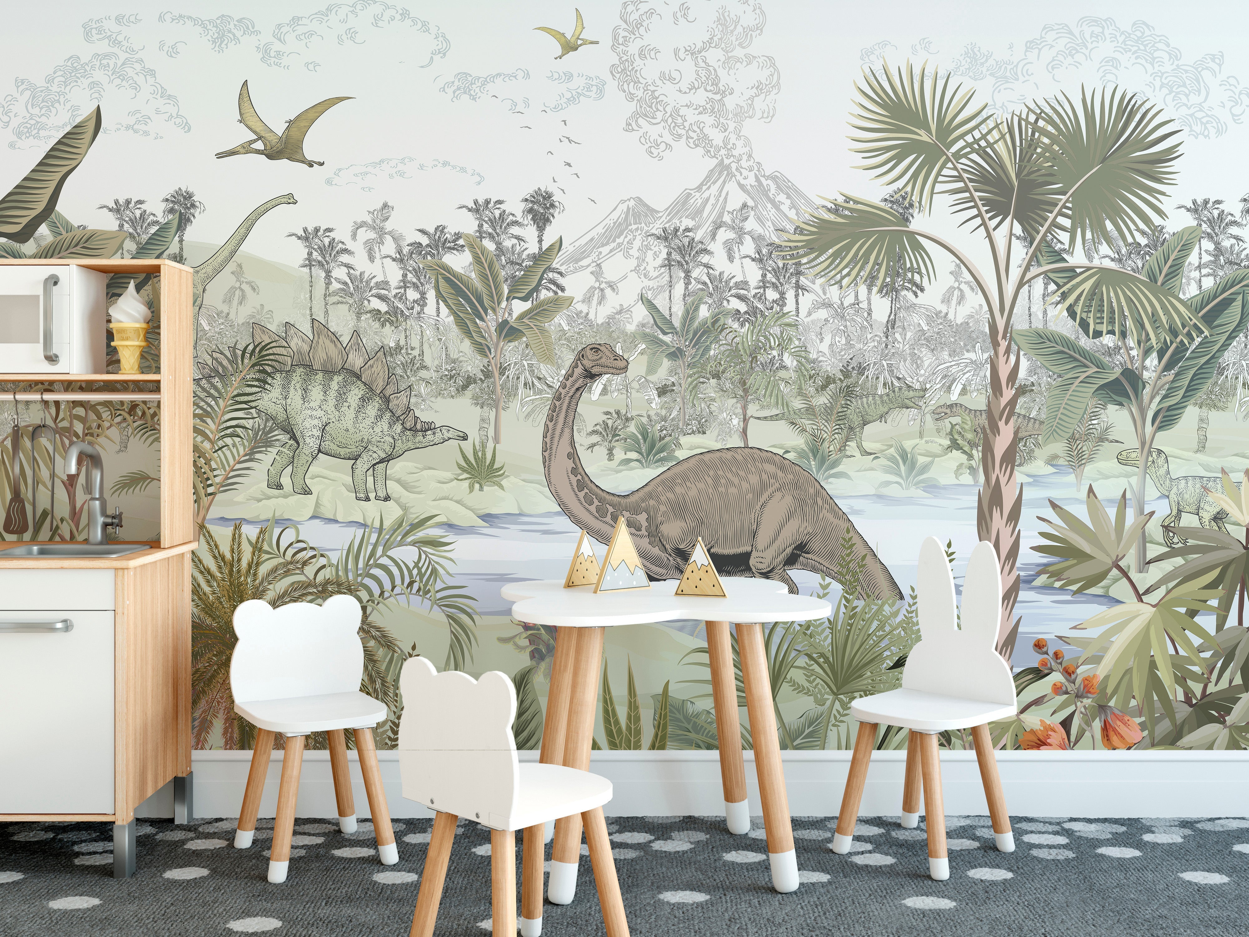 Dinosaur adventure wallpaper for kids' playroom