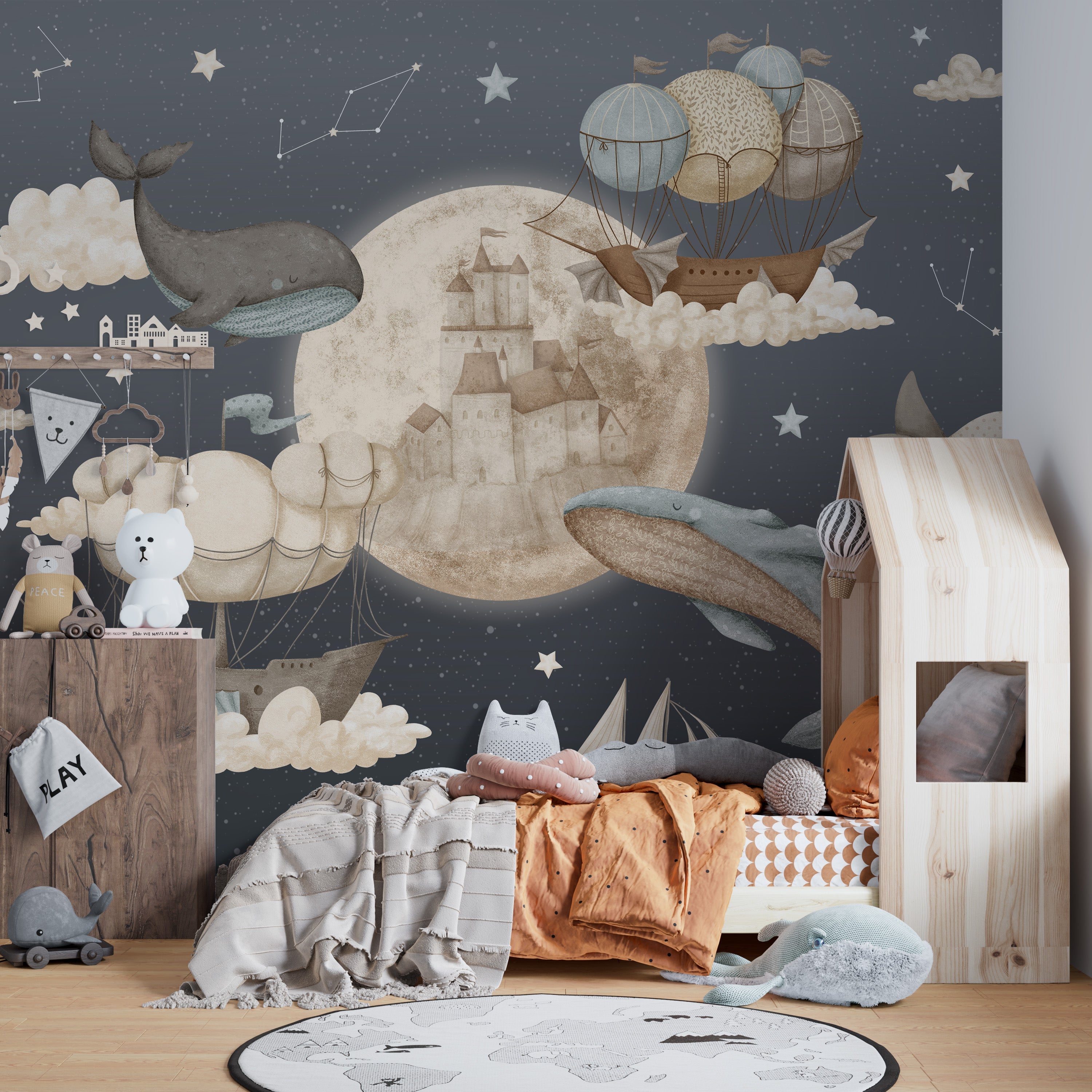 Dreamy whales and ships wallpaper for kids' room decor