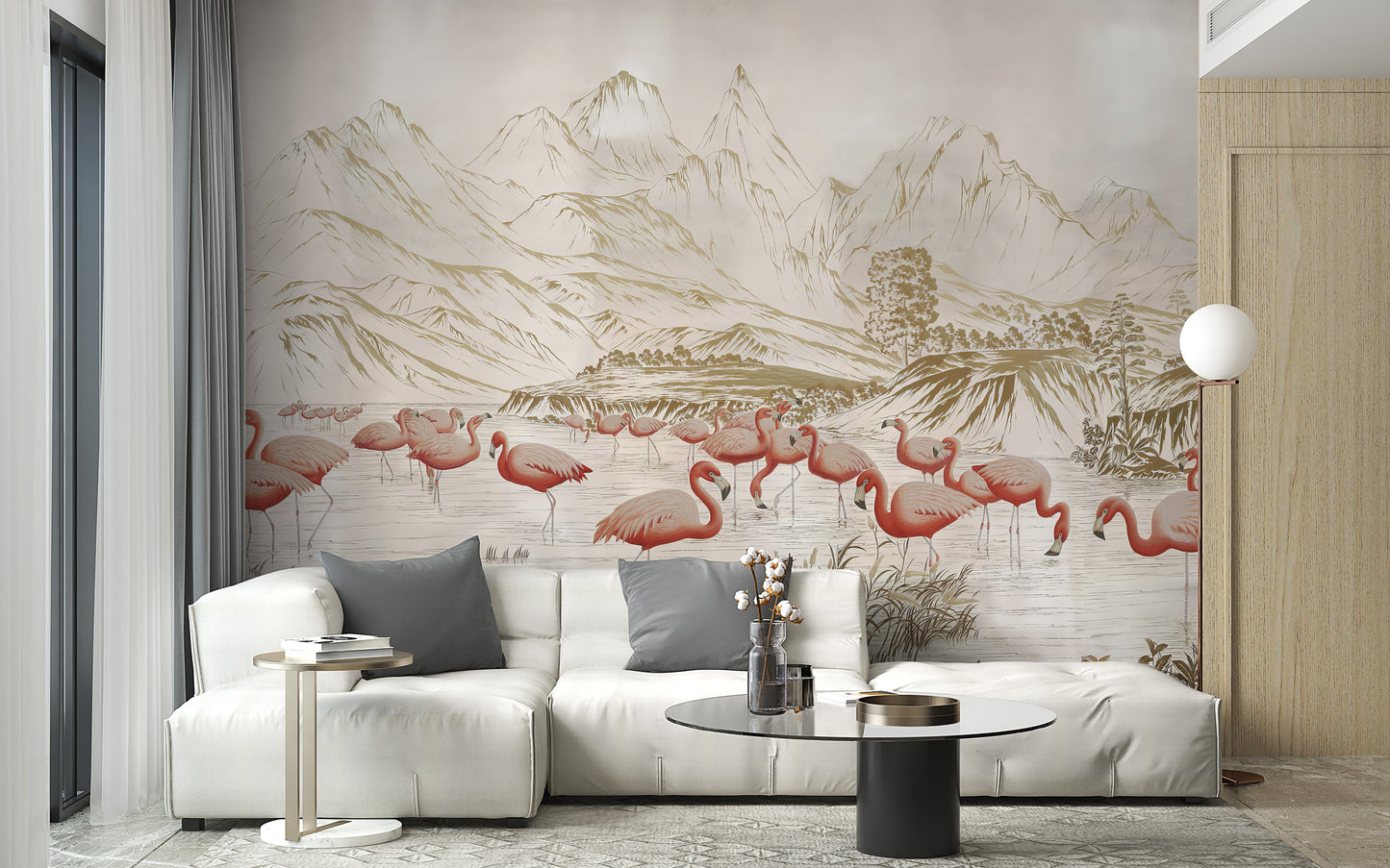 Chic pastel flamingo wallpaper for living room walls