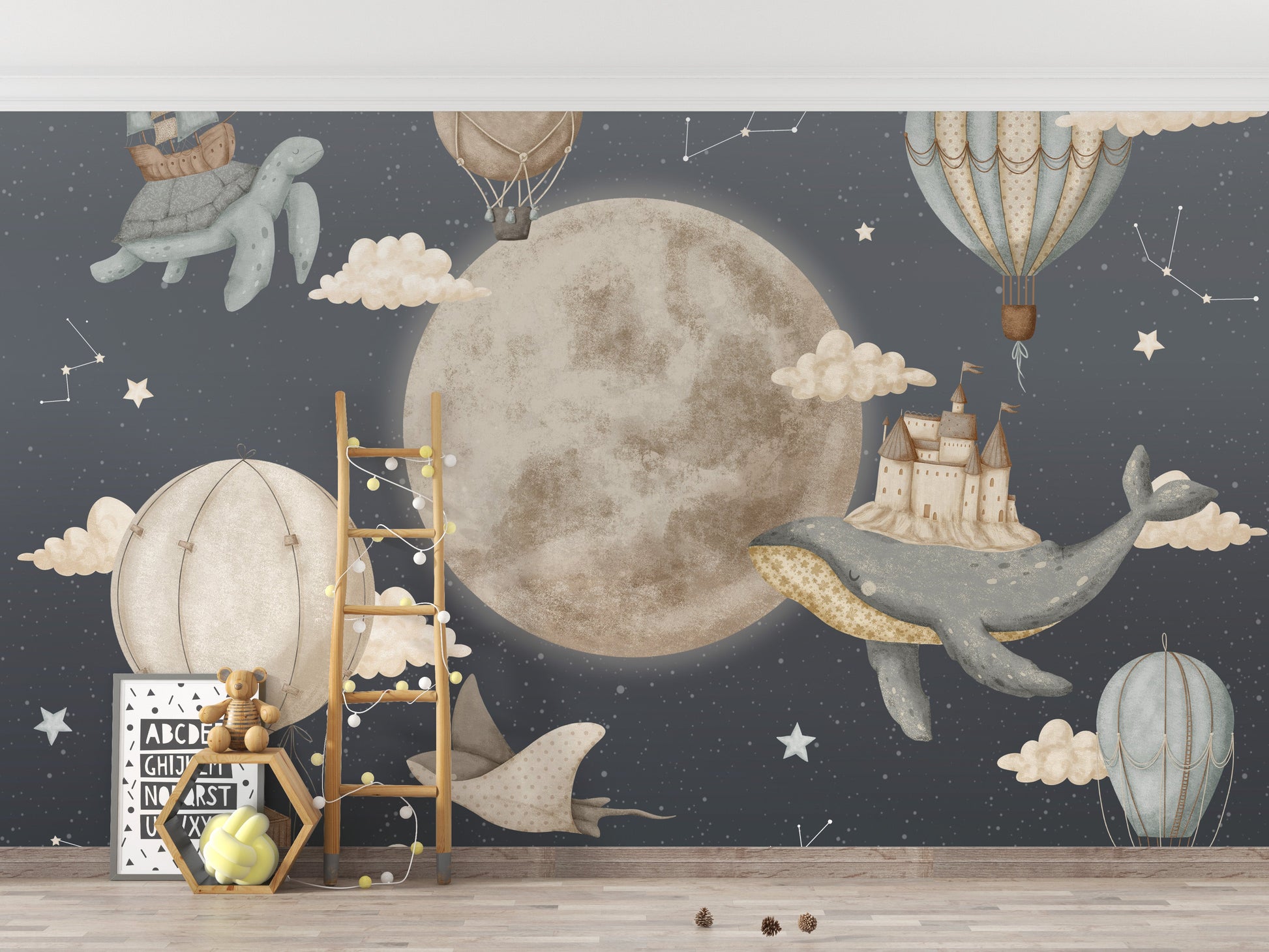 Whale carrying castle wallpaper with vintage balloons.