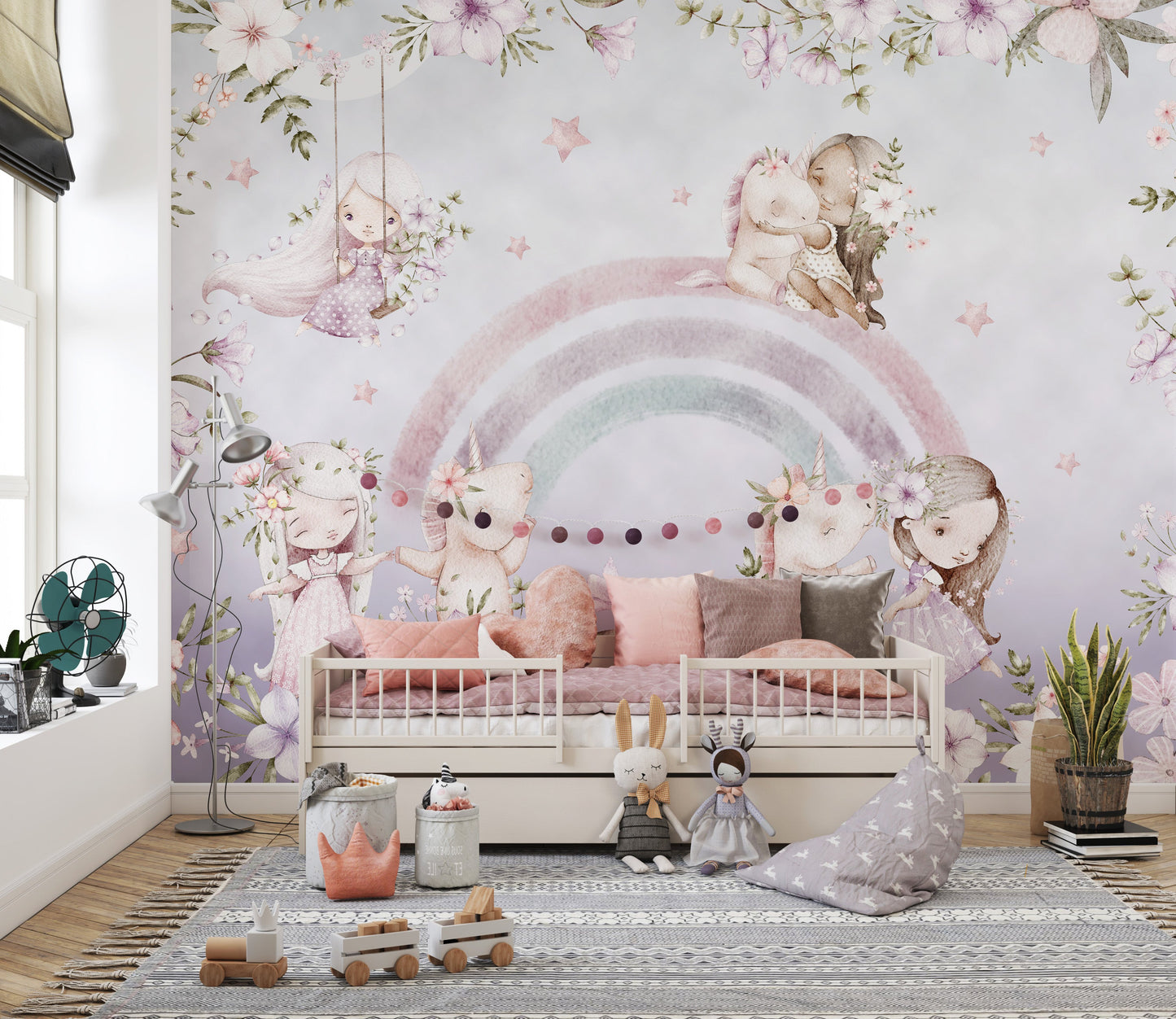 Soft-hued rainbow wallpaper with floral fairy unicorn design.