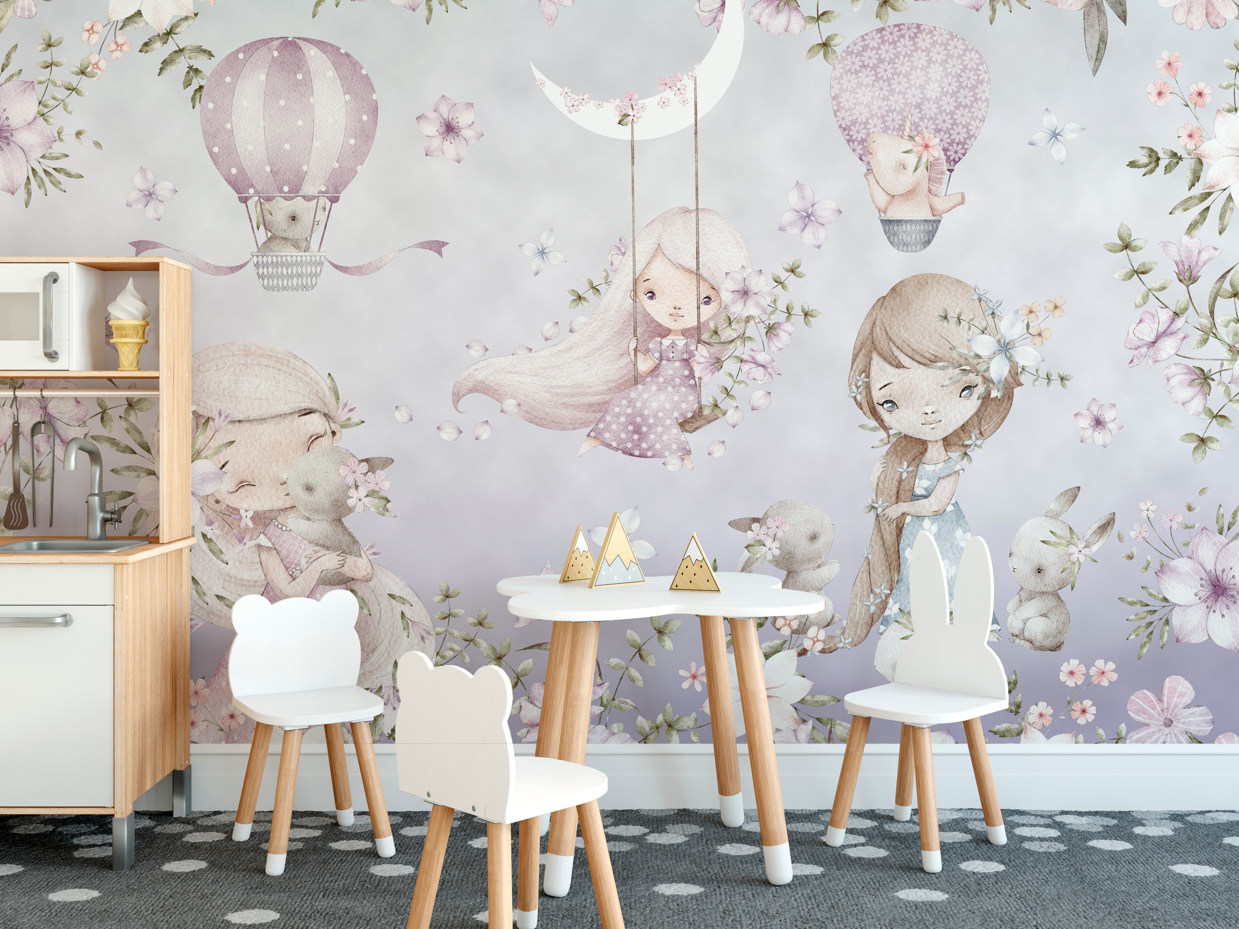 Whimsical pink garden wallpaper for kids' room