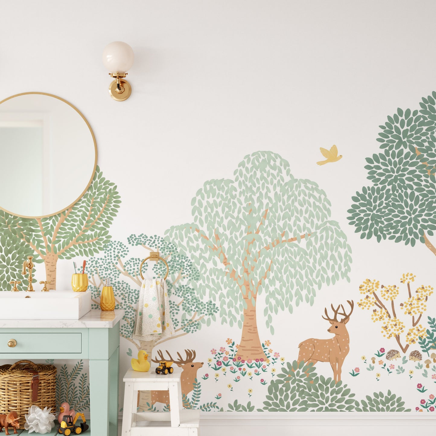 Kids' room forest animal wallpaper with woodland vibes