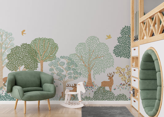 Green forest animals wallpaper for kids' bedroom decor