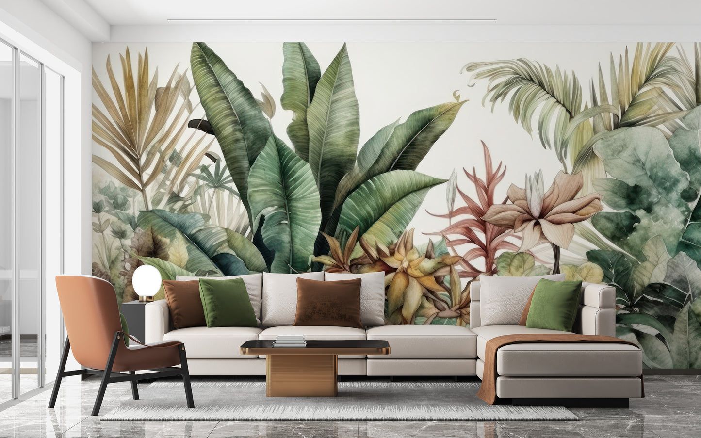 Nature-themed exotic greenery wallpaper for living rooms.