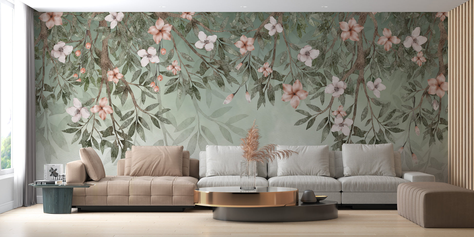 Watercolor floral wallpaper with hanging green leaves